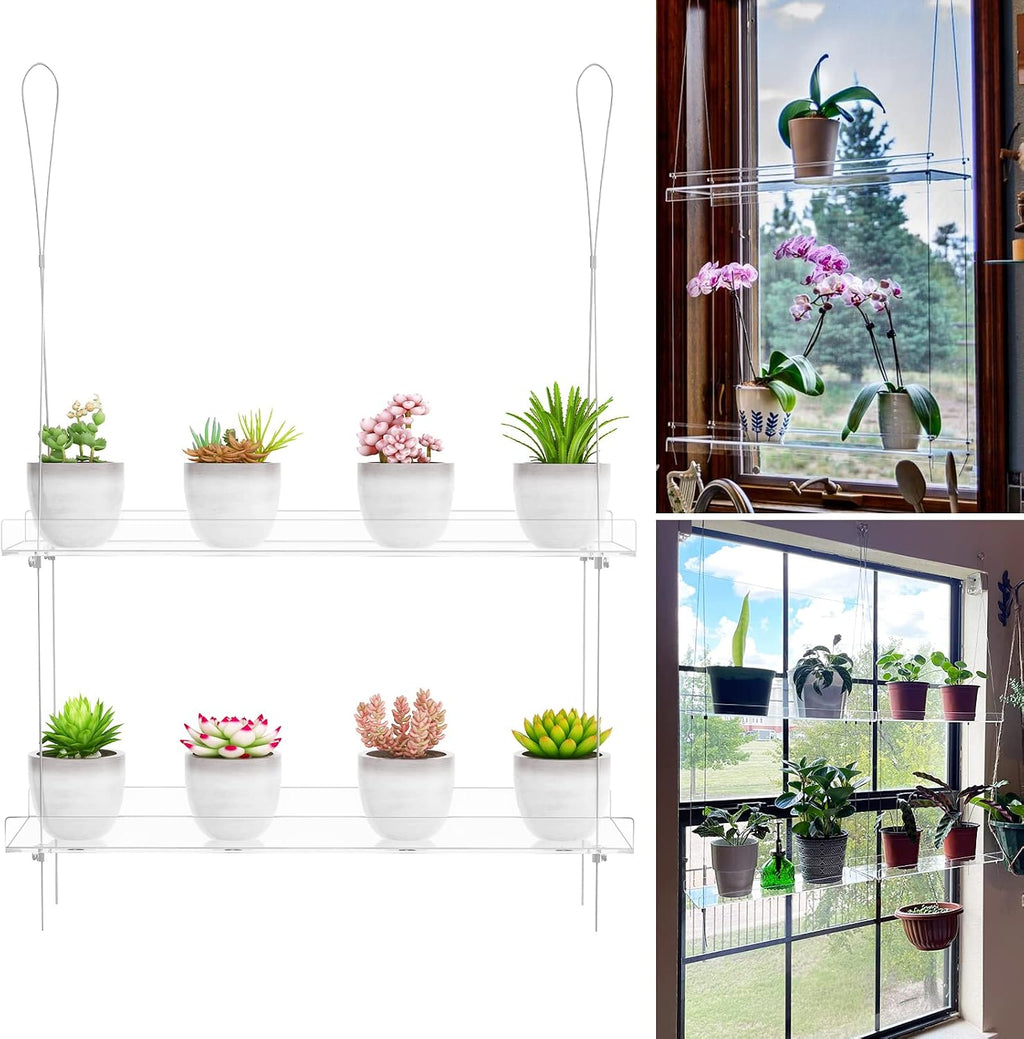 OtNiap 2-Pack Clear 2-Tier Window Plant Shelves, 16-Inch Stand | Adjustable Indoor wall plant holder for herbs