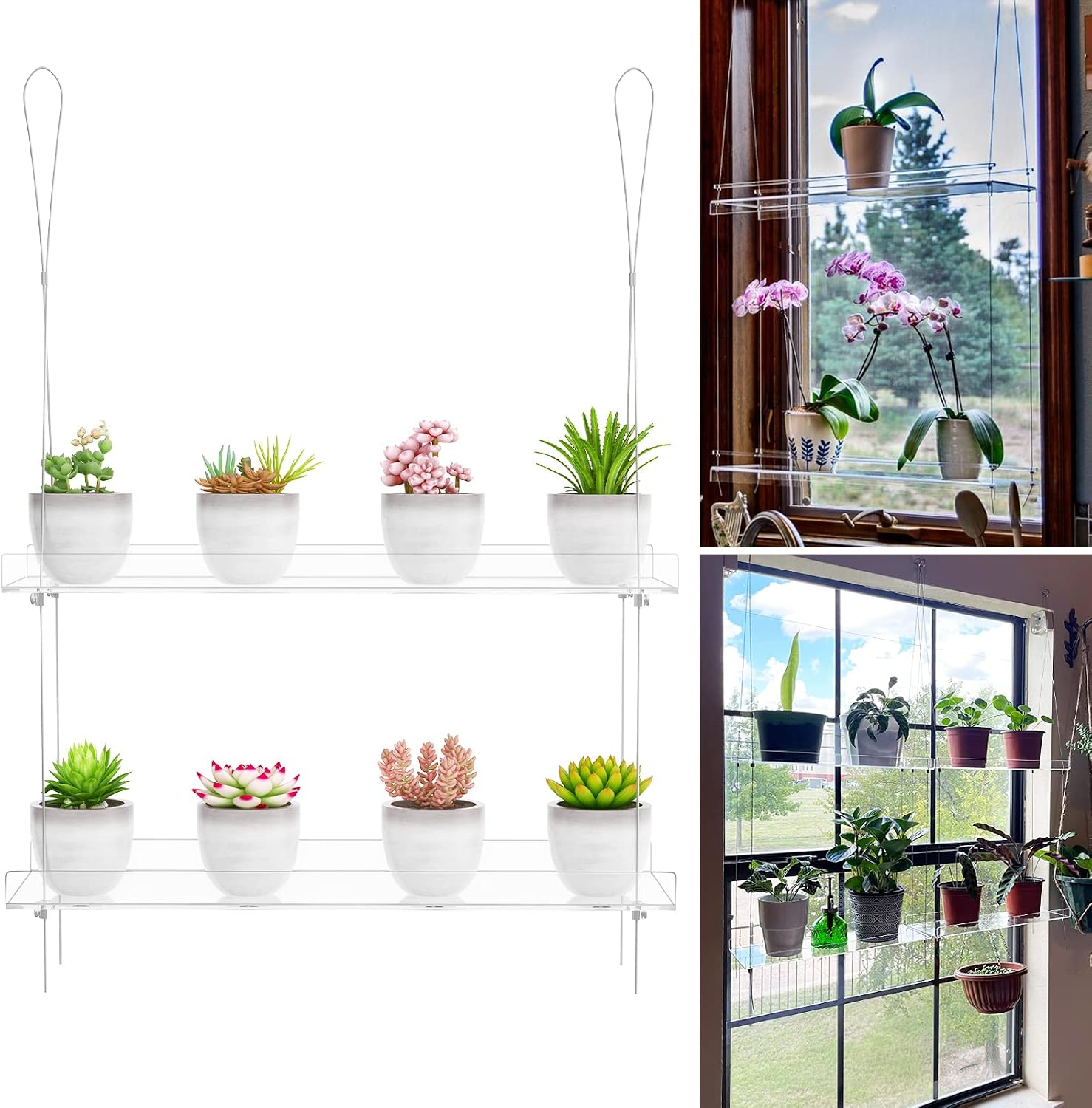 OtNiap 2-Pack Clear 2-Tier Window Plant Shelves, 16-Inch Stand | Adjustable Indoor wall plant holder for herbs