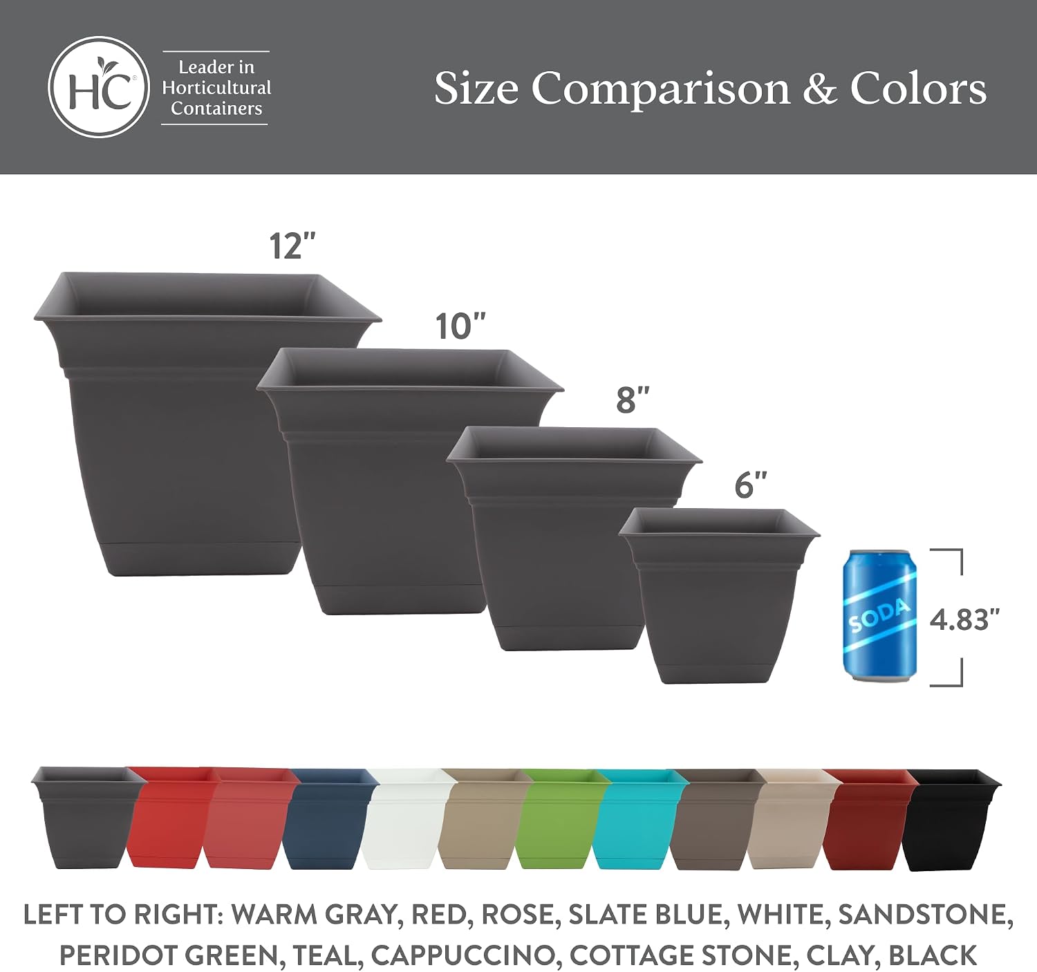 The HC Companies Eclipse Square Planter Pot, 12 Inch, Black, 2-Pack | Plastic, Attached Saucer, Drainage Holes