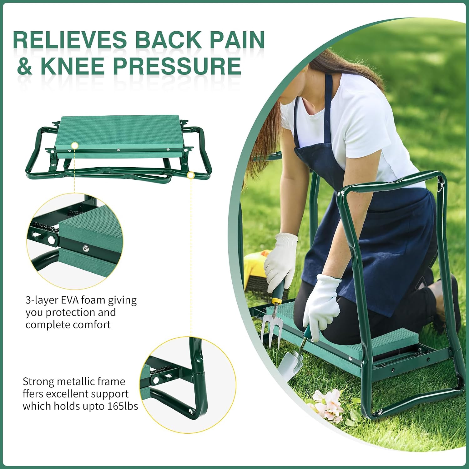 VINGLI 24in Foldable Garden Kneeler and Seat with Tool Pouch, 2-in-1 Function Portable Thicken Soft Kneeling Pad Garden