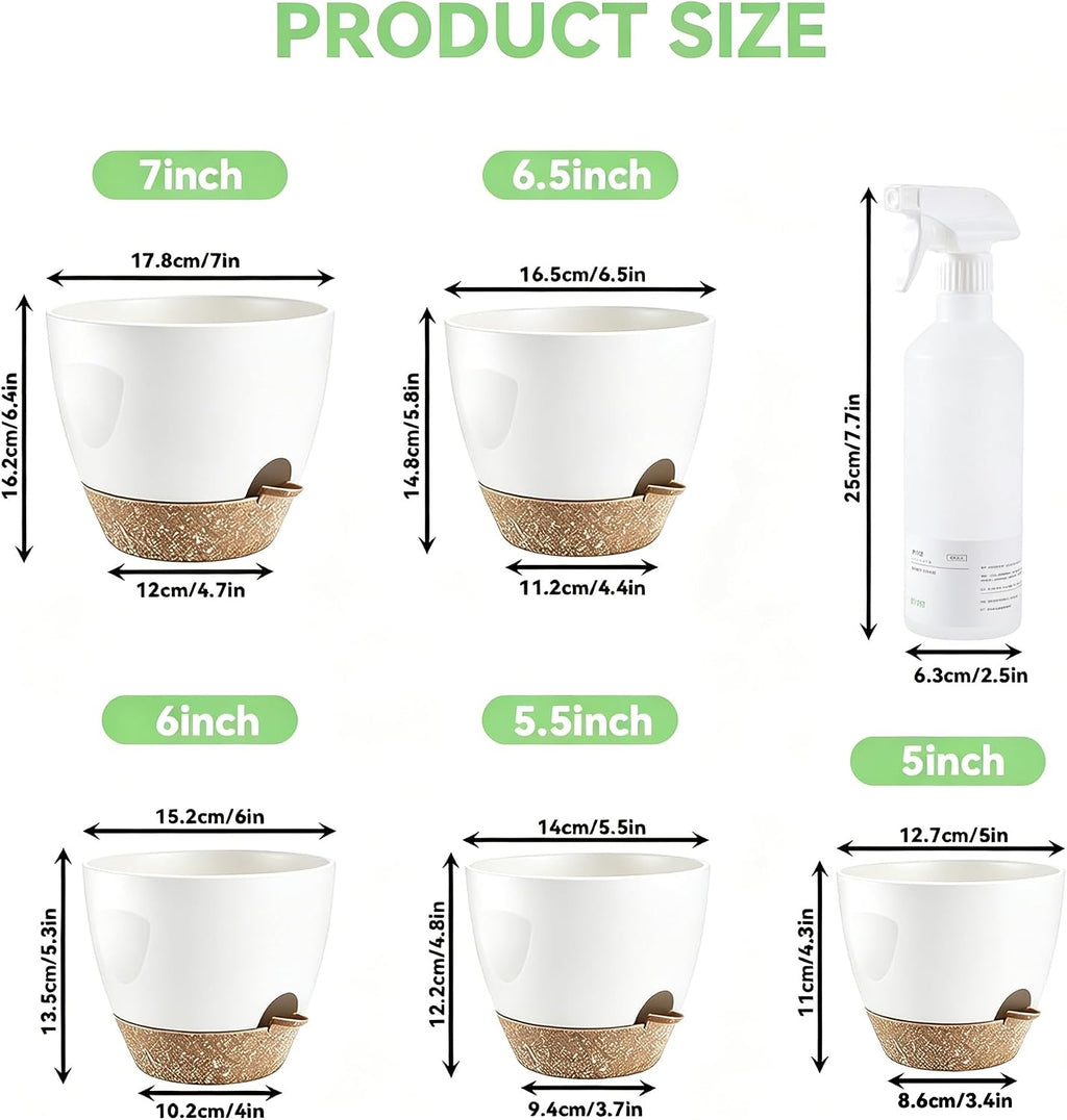 6-Pack Self Watering Pots for Indoor Plants, White | 5/5.5/6/6.5/7-inch sizes, Indoor/Outdoor Planters, Drainage Holes