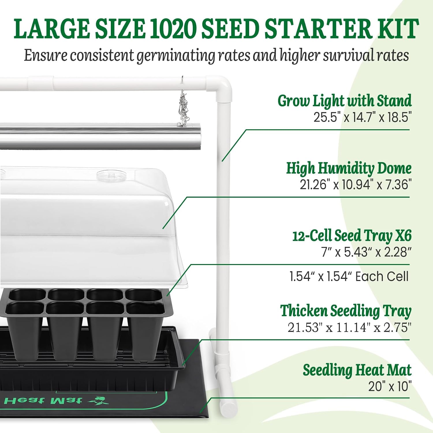 SOLIGT 1020 Size Seed Starter Kit with Grow Light and Heat Mat | 7" Humidity Dome, 6x12 Cell Seed Starter Tray