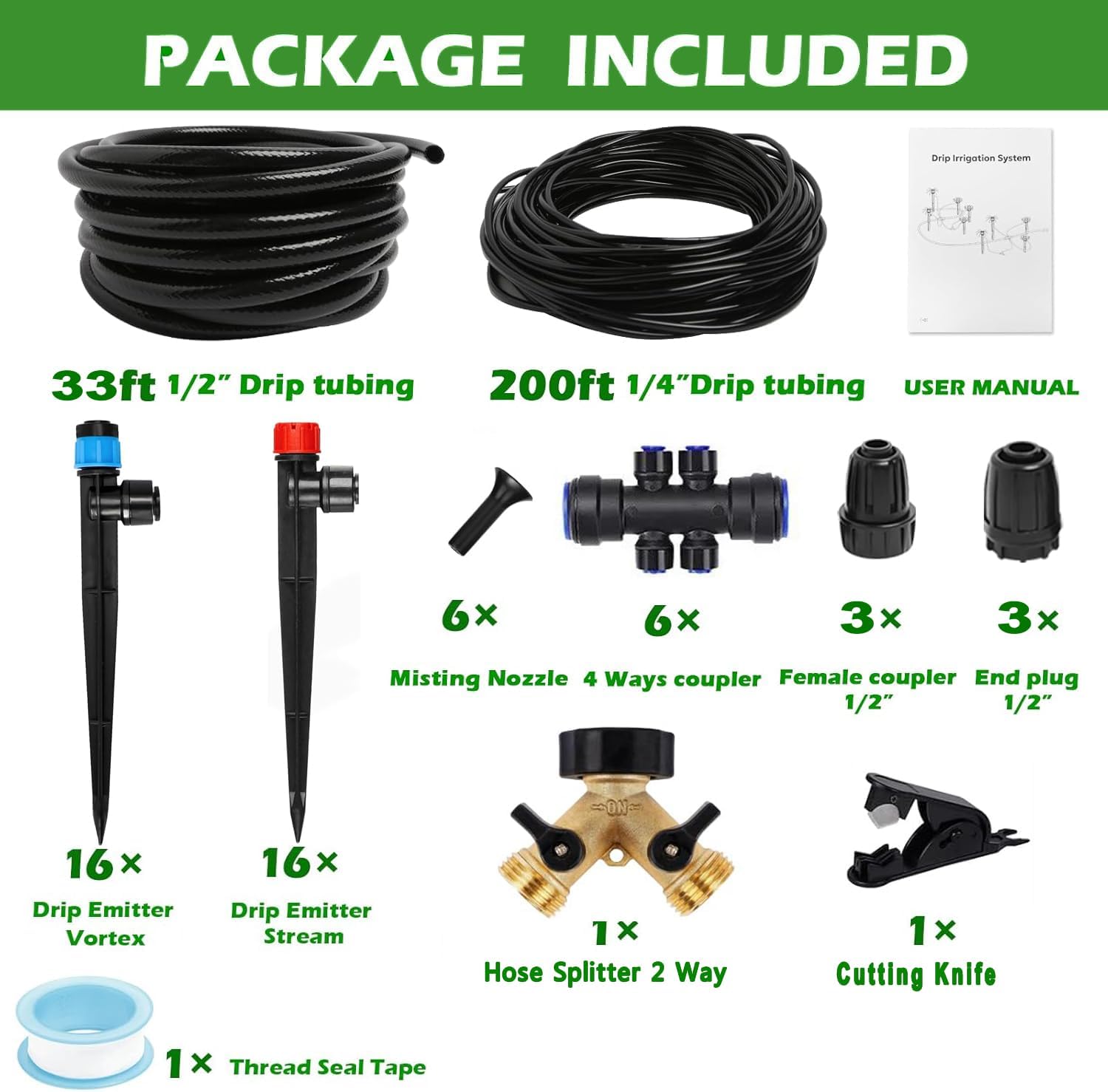 233FT Drip Irrigation System Kit with Quick-Connect System,33FT 1/2" Mainline & 200FT 1/4" Tubing,Brass Y-Type