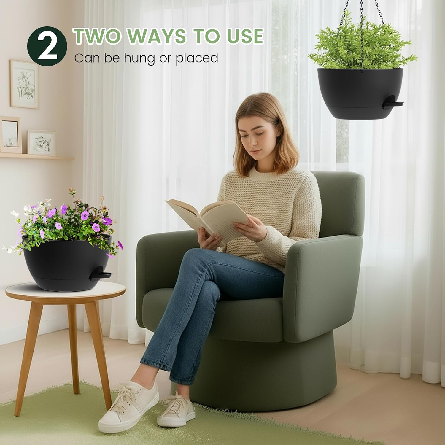 3 Pack 10 Hanging Flower Pots with Chains Self Watering Plastic Planters for Indoor Outdoor Plants, Sturdy Triangular