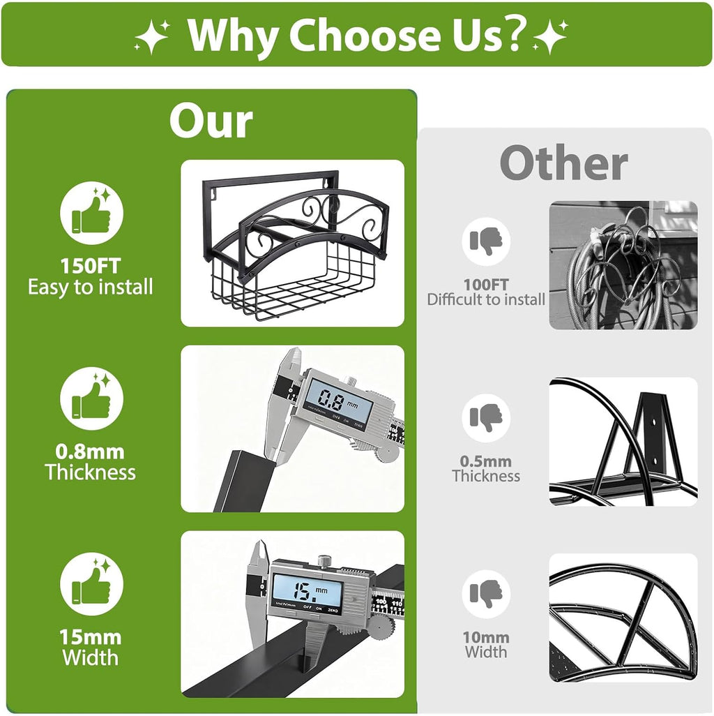 Garden Hose Holder Wall Mount, Metal Water Hose Holder with Basket | 150FT, Heavy Duty, Durable, Weather-Proof Hose