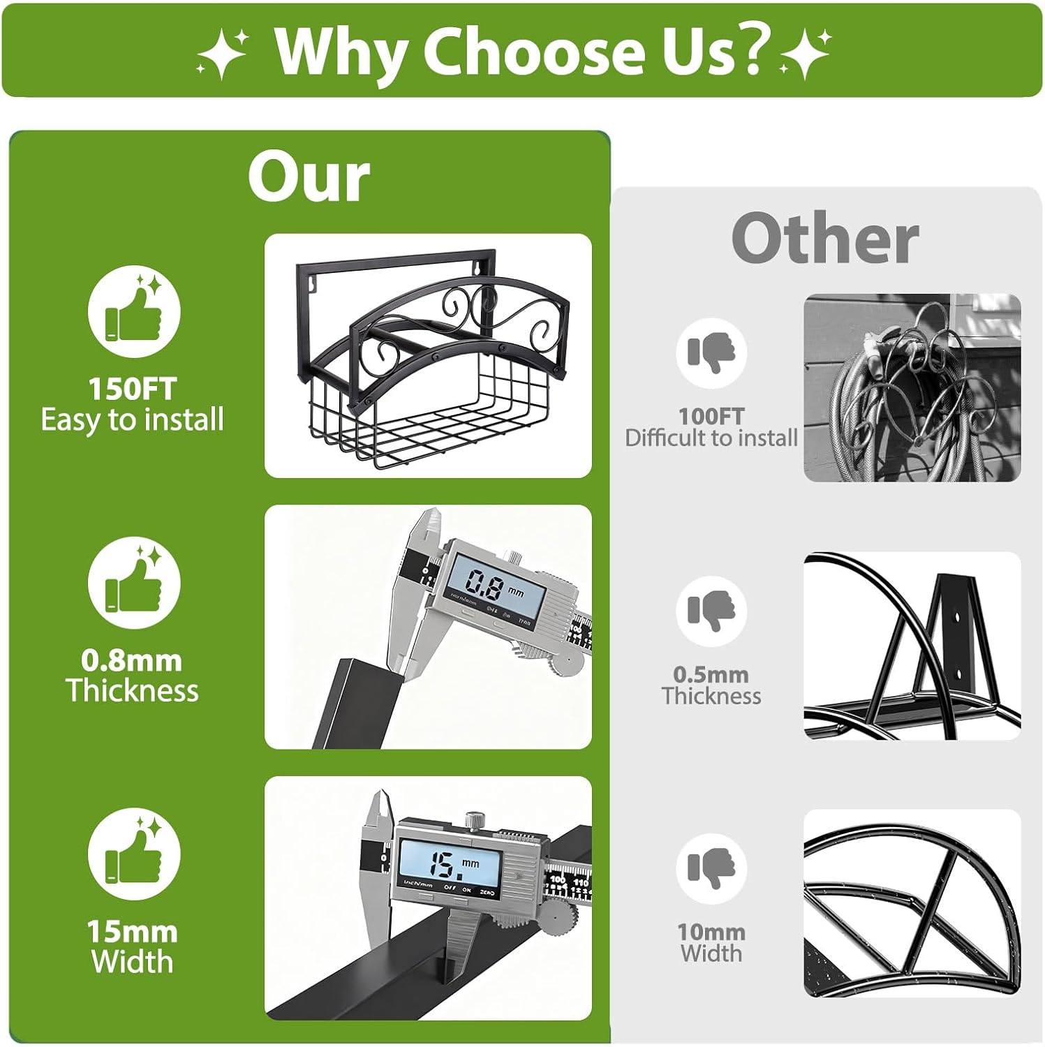 Garden Hose Holder Wall Mount, Metal Water Hose Holder with Basket | 150FT, Heavy Duty, Durable, Weather-Proof Hose