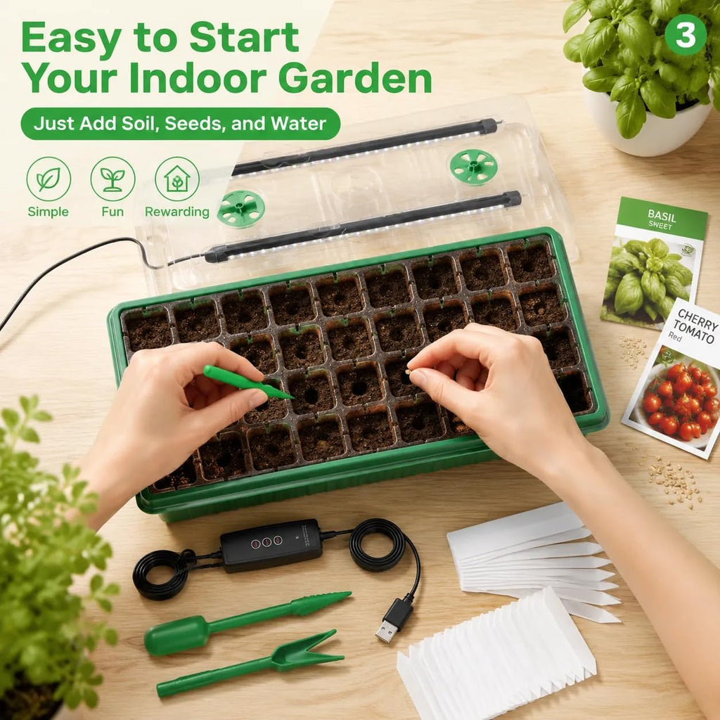 Seed Starter Tray with Timed Grow Light, 2 Pack 80 Cells Plant Starter Tray Seedling Starter Kit with Humidity Domes