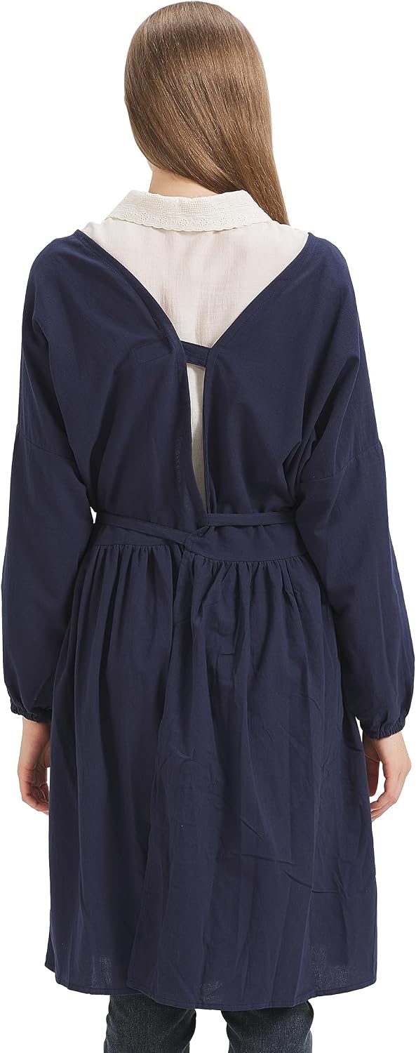 Nanxson Cotton Linen Apron Women's Long Sleeve Apron for Cooking,Gardening | Long waist strap,stickers on back,elastic