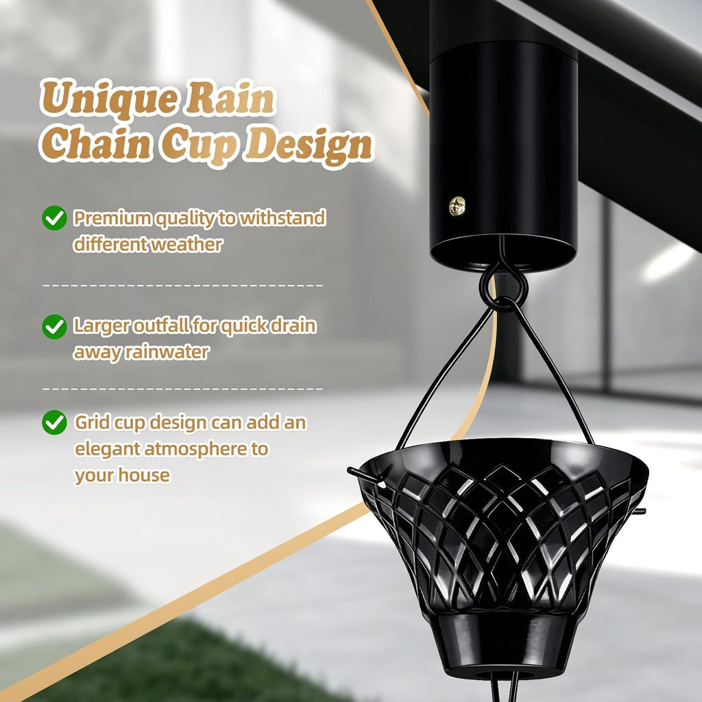 8.5 FT Black Rain Chain with Adapter for Gutters Downspouts Outside | 16 Cups, Large Opening to Avoid Splashing, Easy