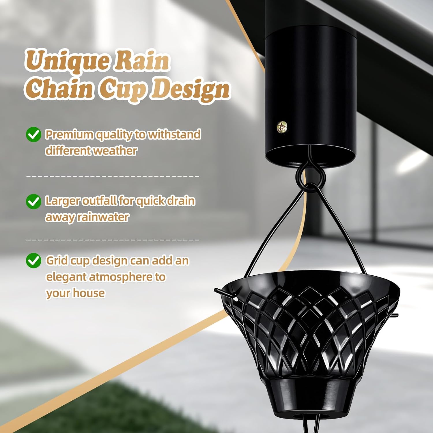 8.5 FT Black Rain Chain with Adapter for Gutters Downspouts Outside | 16 Cups, Large Opening to Avoid Splashing, Easy