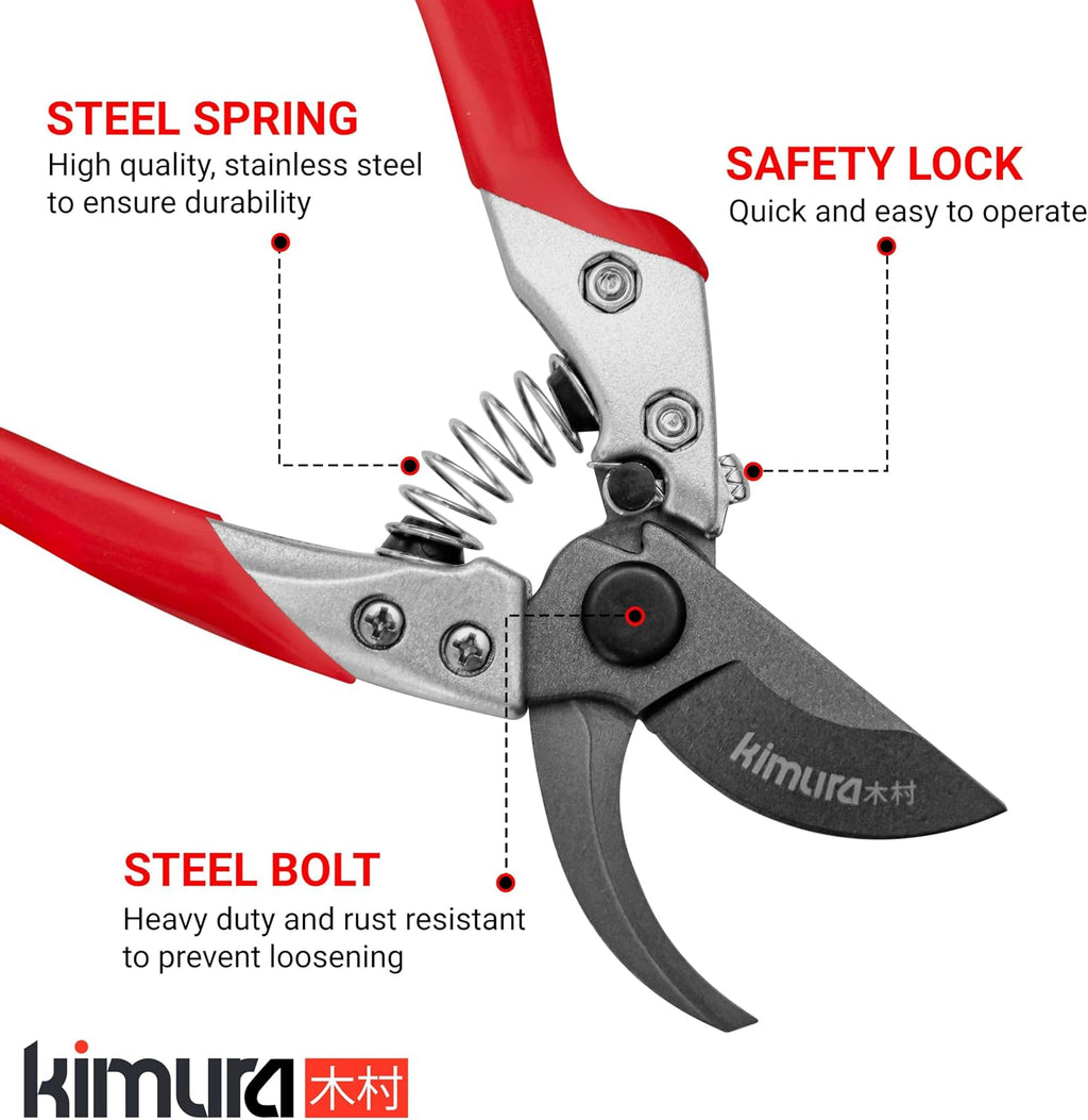 Kimura® 8" Pro Bypass Pruning Shears, Heavy Duty Japanese SK5 Steel Blades, 1 inch Cut Capacity, Non-Slip PVC Coated