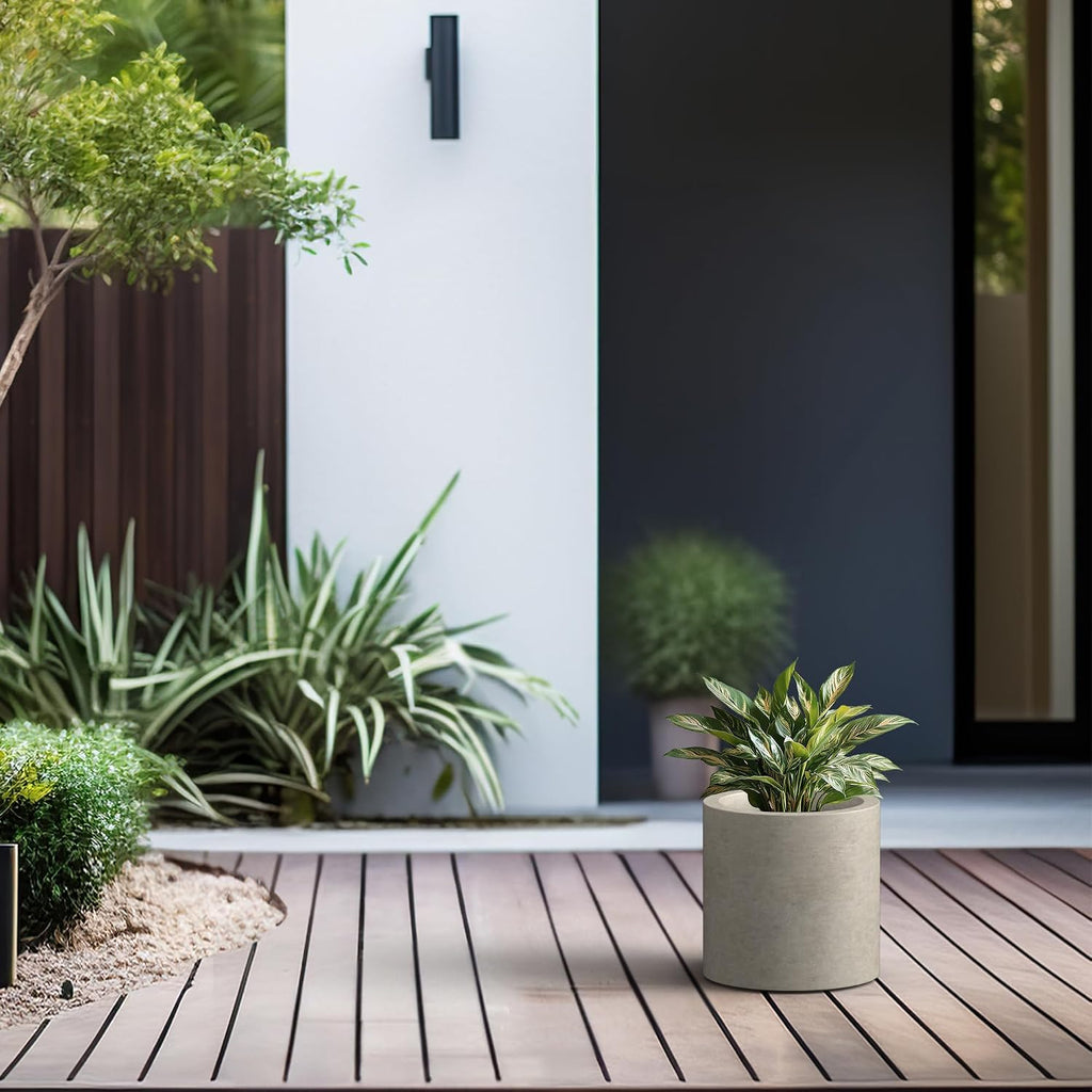 Kante Small Round Cylinder Weathered Concrete Planter 9.8" Tall, Outdoor | Rubber Plug for Indoor, Drainage for Garden