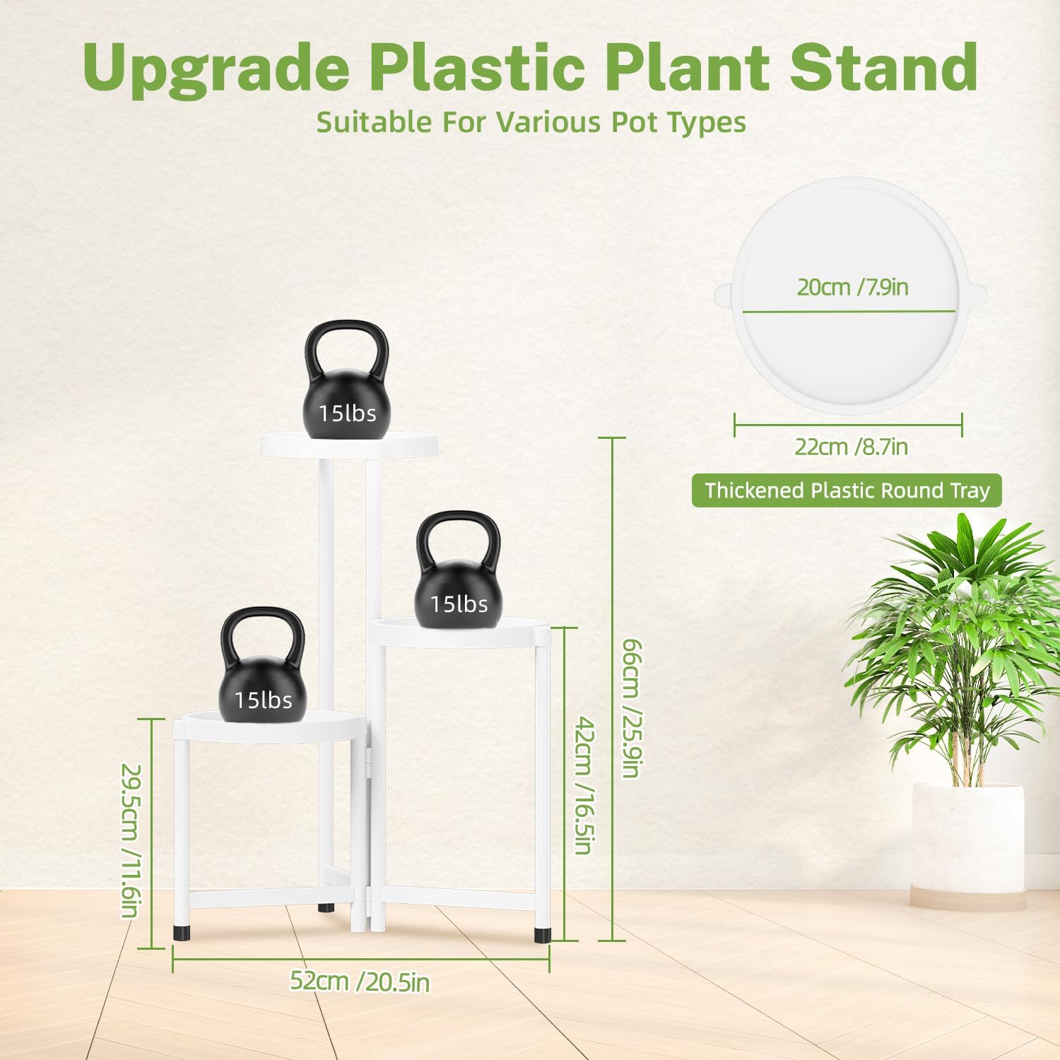 iDavosic.ly 3 Tier Folding Plant Stand Indoor Outdoor, Plastic Tray, White | Space Saving Tiered Corner Storage Display