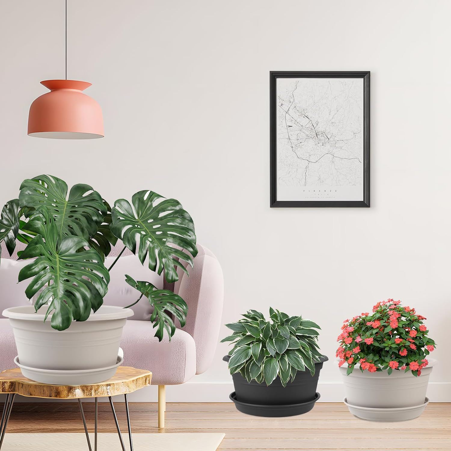Large Flower Pots Set of 4 Pack 13 inch, Shallow Planter with Drainage Hole | Plant Pots Outdoor with Tray Saucer