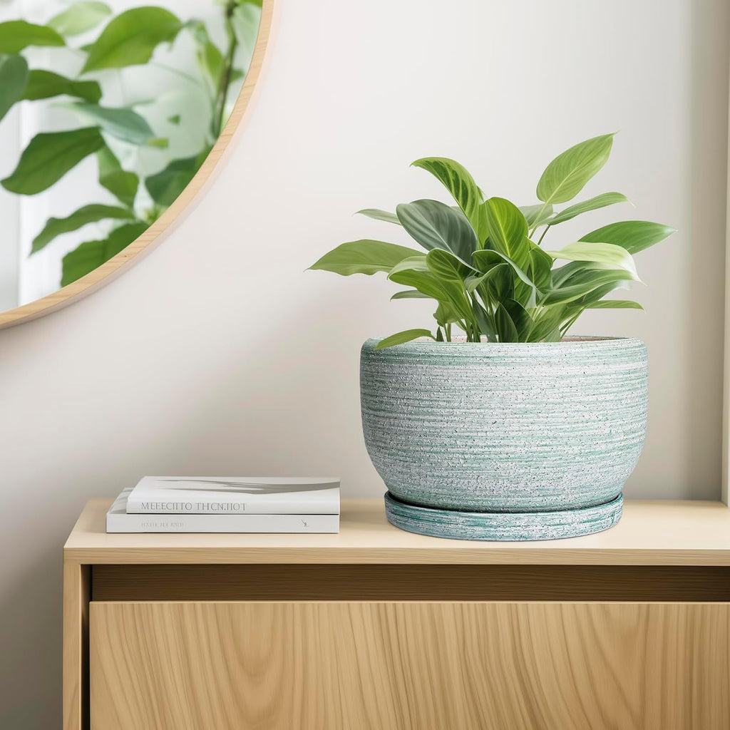 SQOWL Ceramic Pots for Plants - 10 Inch Ceramic Planter for Indoor Outdoor, Modern Round Flower Pot with Drainage Hole