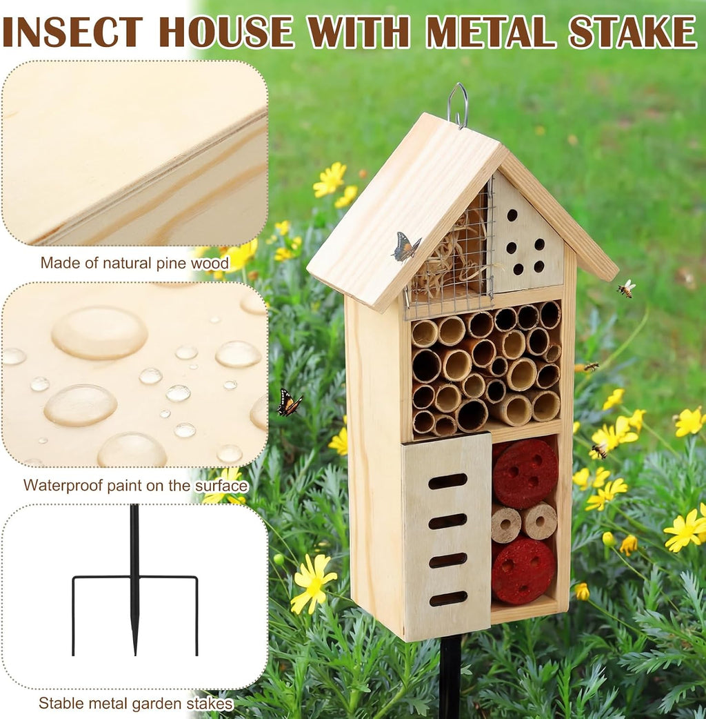 Novabright Wooden Insect House with Metal Stake Insect Hotel Bee House Natural Bug Habitat for Bee Butterfly Ladybirds