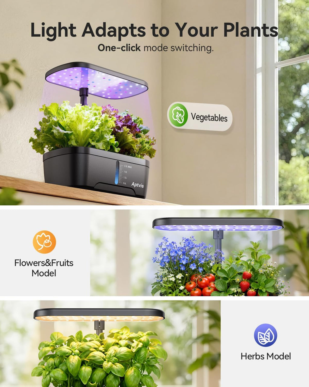 Hydroponics Growing System, 6 Pods Smart Indoor Herb Garden - Black | LED Grow Light, Auto Timer, Height Adjustable