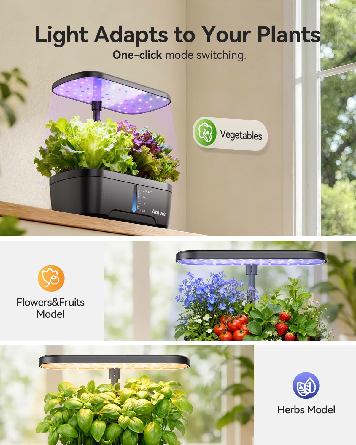 Hydroponics Growing System, 6 Pods Smart Indoor Herb Garden - Black | LED Grow Light, Auto Timer, Height Adjustable