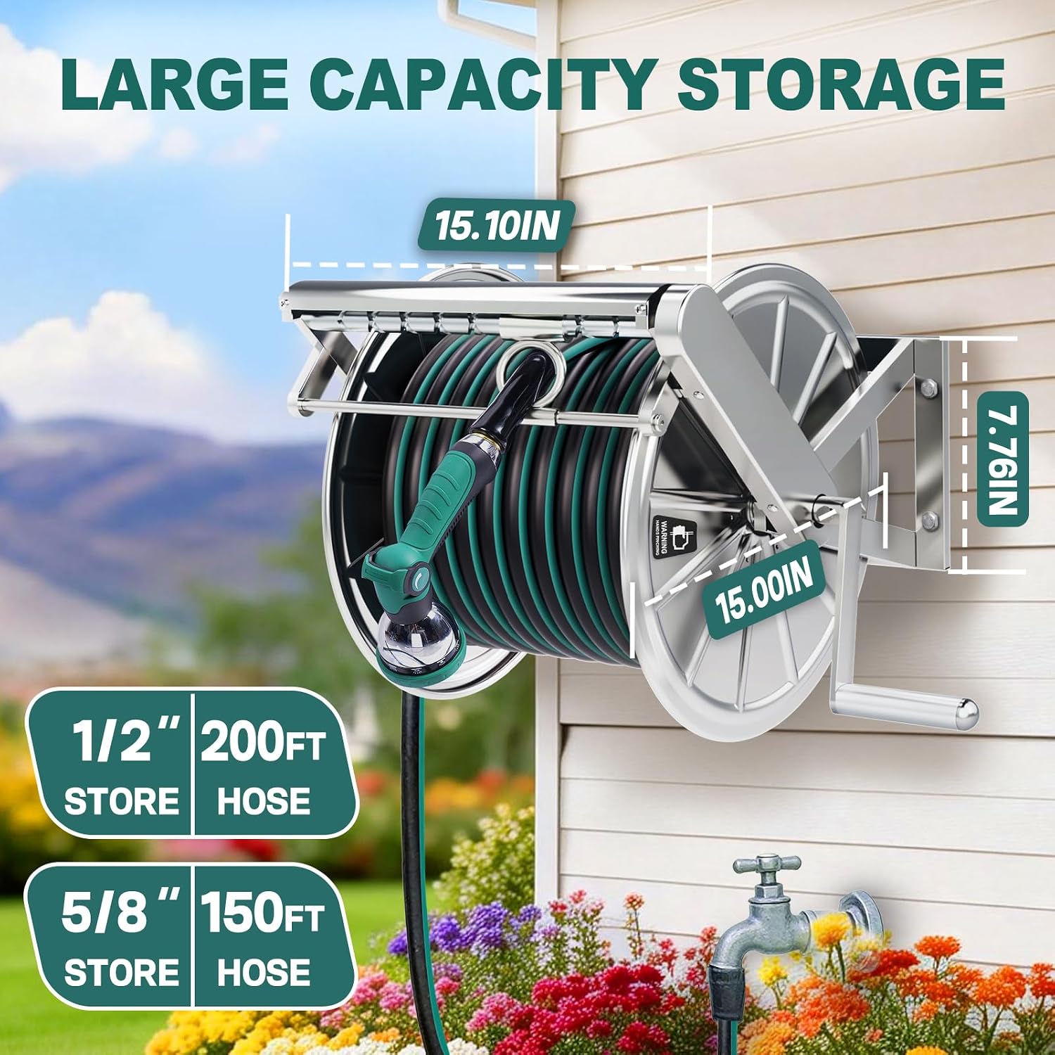Stainless Steel Garden Hose Reel Heavy Duty, Wall Mount Water Hose Holder, 150 Feet of 5/8 Inch Hoses Capacity, Hose