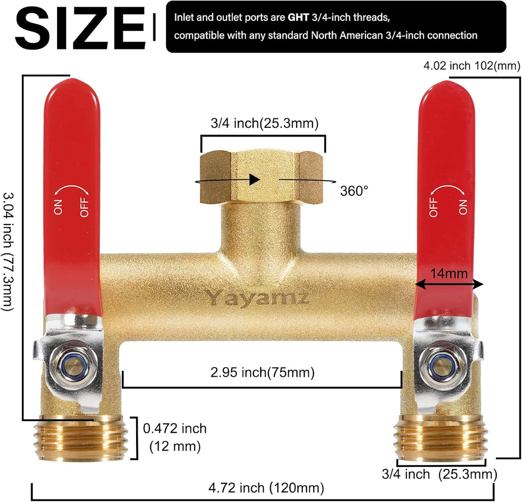 2 Way Garden Hose Splitter, 3/4" GHT Outdoor Water Spigot Splitter | Heavy Duty Solid Brass Body with Shut-off Valves &