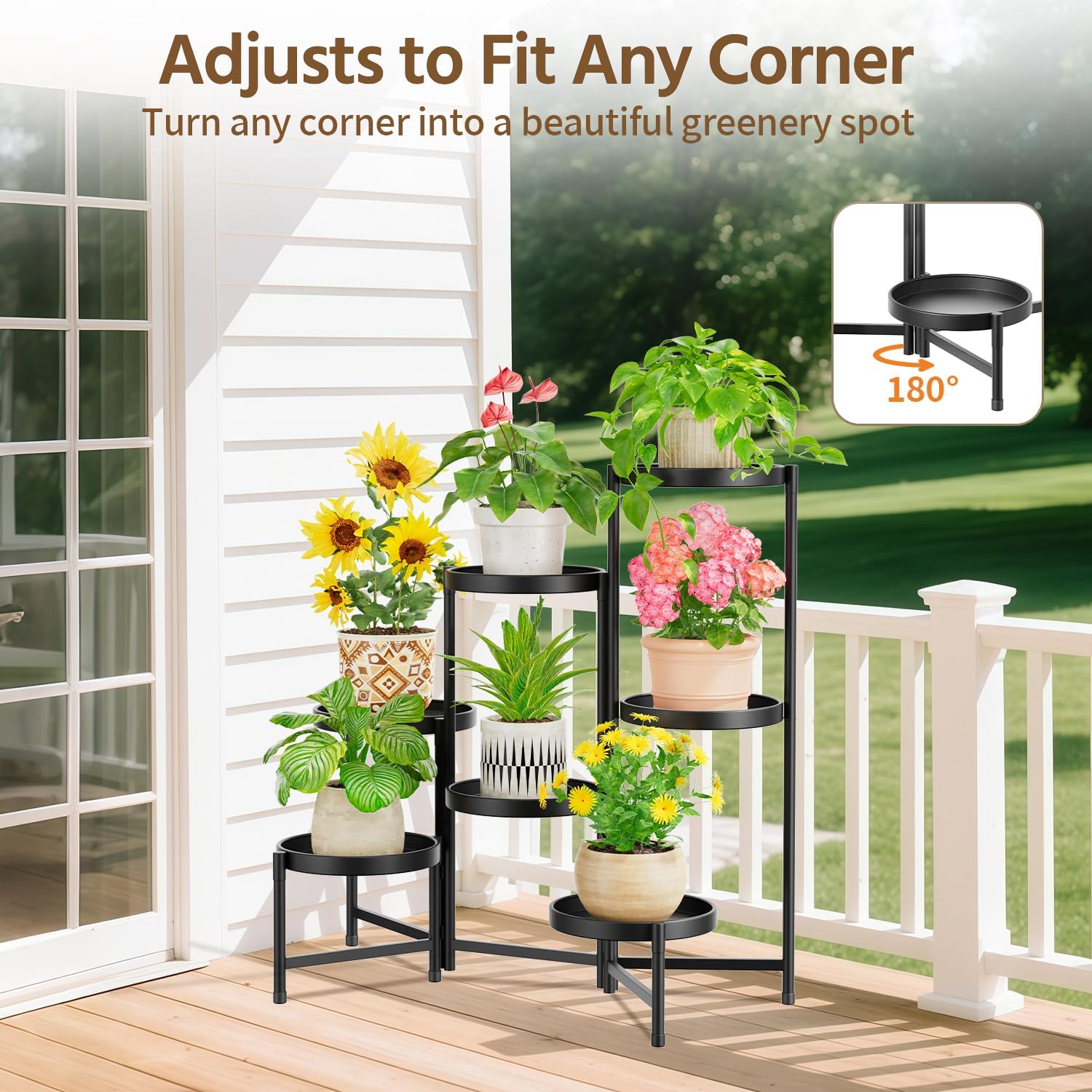 LASZOLA Plant Stand Indoor with 10 Inch Large Metal Tray, 7 Tier Black | Corner Tall Folding Flower Display Rack