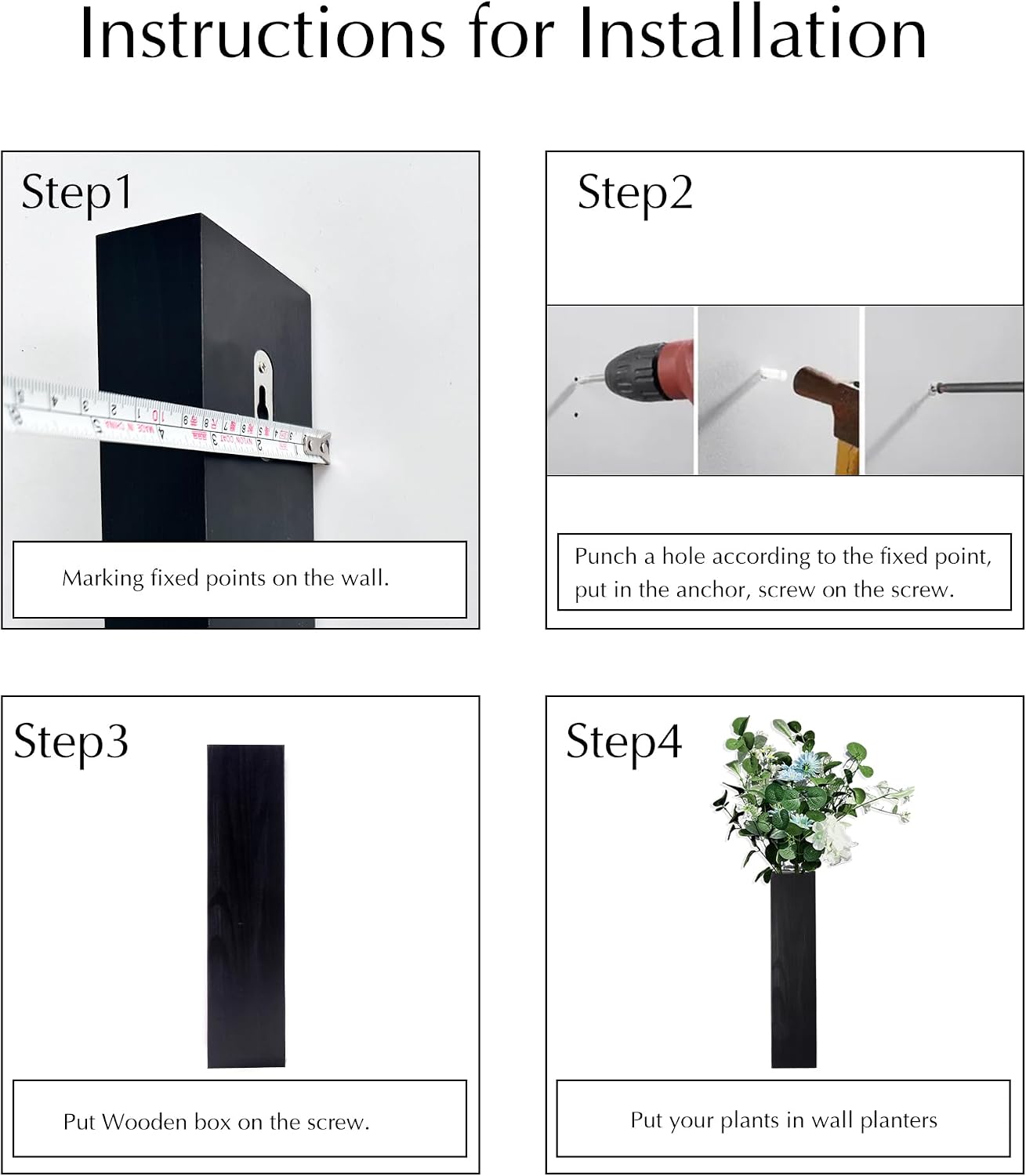 4PCS Black Wall Planters Modern Farmhouse Indoor Decor | Wood Wall Decor, Hanging Planter, For Living Room & Bathroom