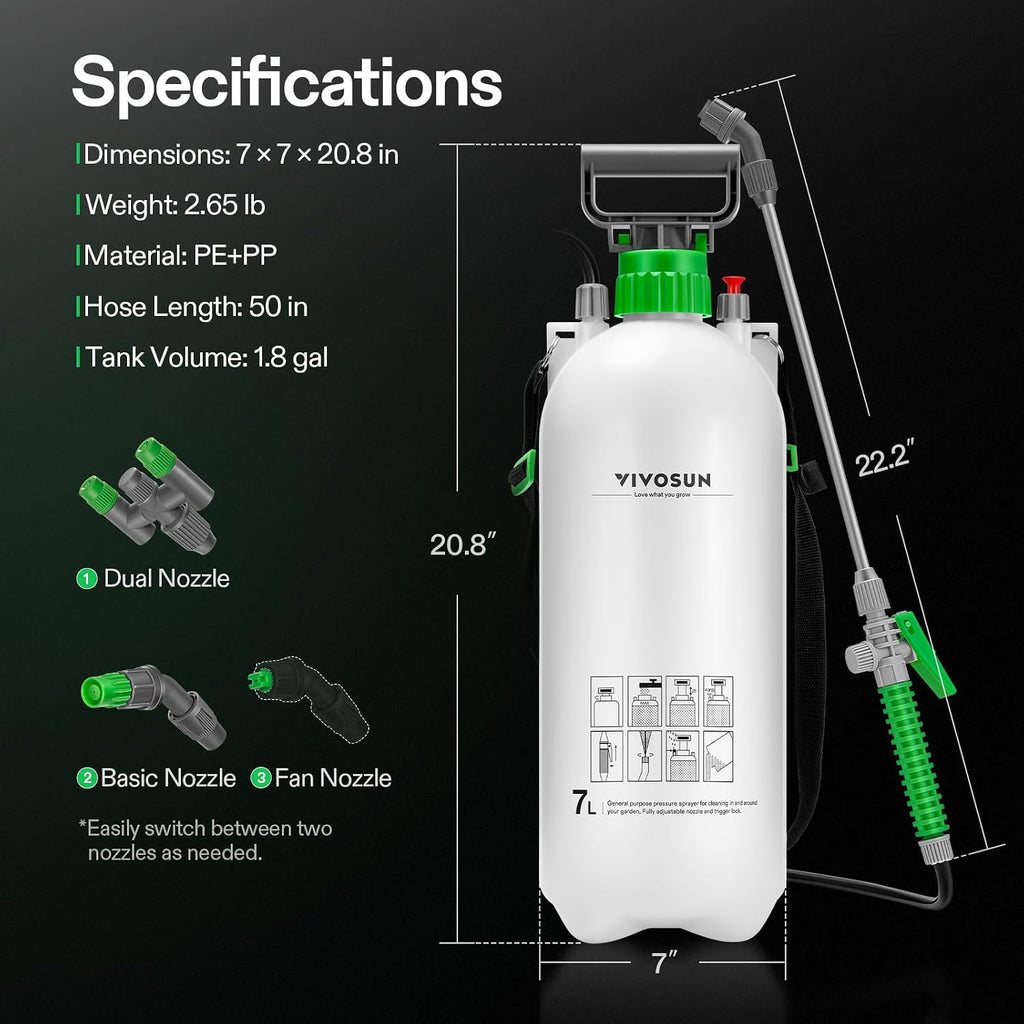 VIVOSUN 1.8 Gal/7L Pump Sprayer, Garden Water Sprayer | for Plants, Weeds & Lawn Care, with 3 Nozzles, 50'' Long Hose &