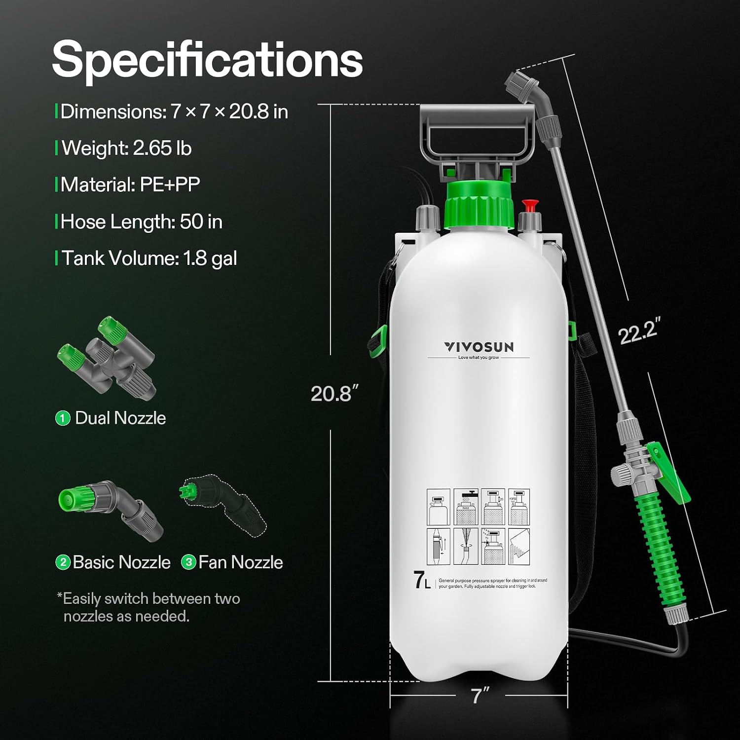 VIVOSUN 1.8 Gal/7L Pump Sprayer, Garden Water Sprayer | for Plants, Weeds & Lawn Care, with 3 Nozzles, 50'' Long Hose &
