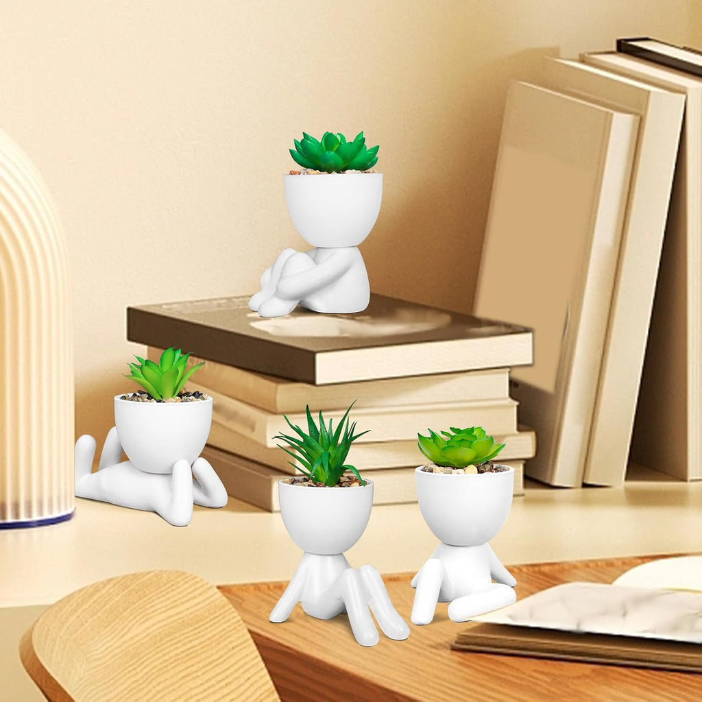 Set of 4 Artificial Succulents in Ceramic Pots, Cute Human Shaped Fake Plants for Shelves, Small Faux Plants for Office