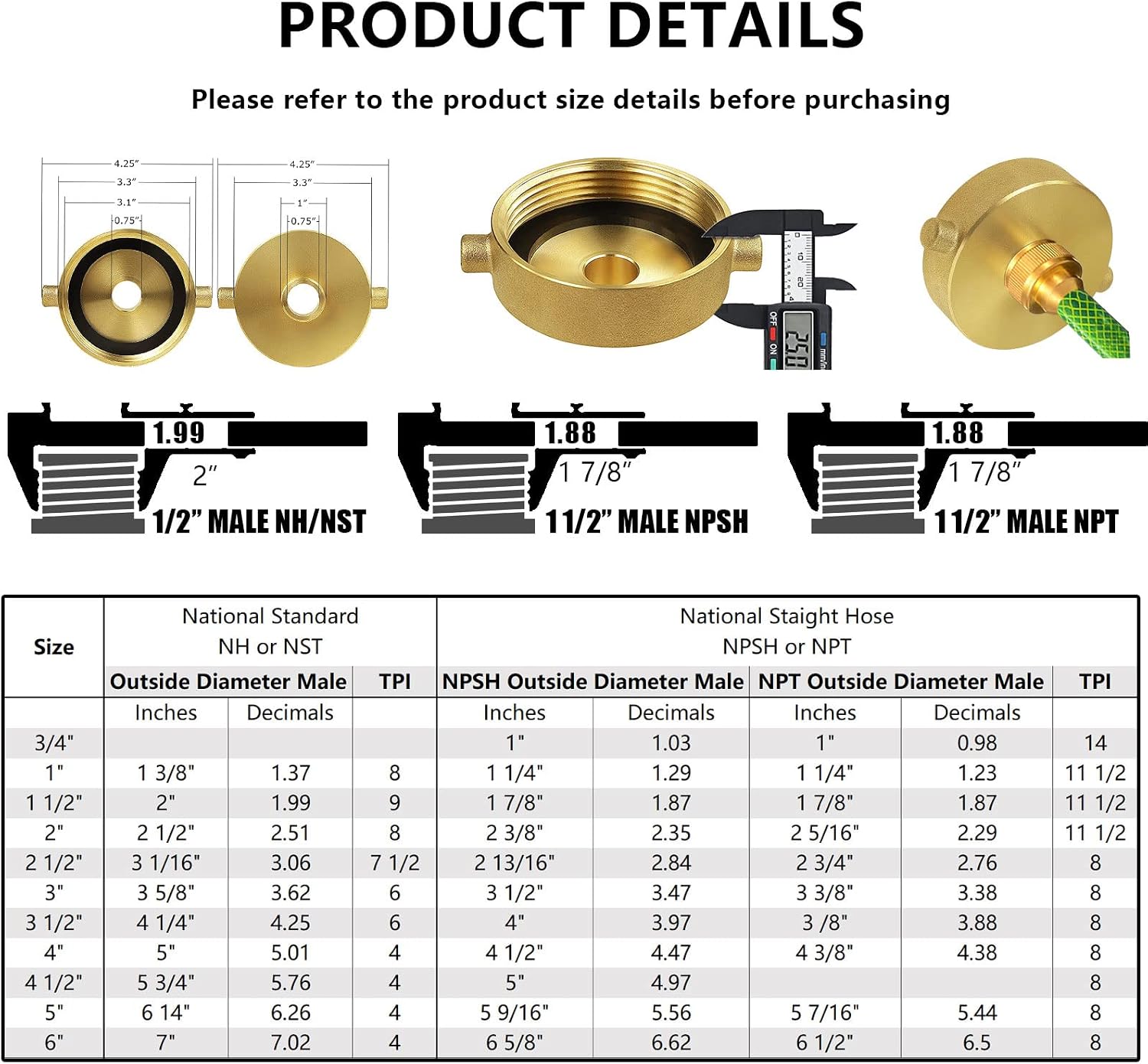 Brass Fire Hydrant Hose Adapter 2-1/2"NST/NH Femalex3/4"GHT Male Connector | Garden Hose Brass Fire Equipment Brass