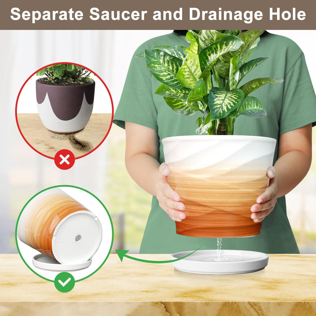 8 Inch Plant Pot, Ceramic Planter with Drainage and Saucer,Ceramic Planters for Indoor Plants, 8 Inch Garden pots(Khaki