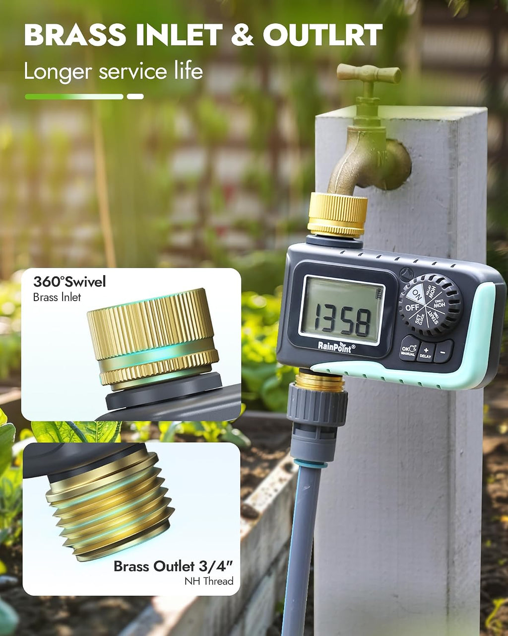 RAINPOINT Sprinkler Timer with Brass Inlet & Outlet, Programmable Hose Timer for Garden Soaker Hose, Watering Timer