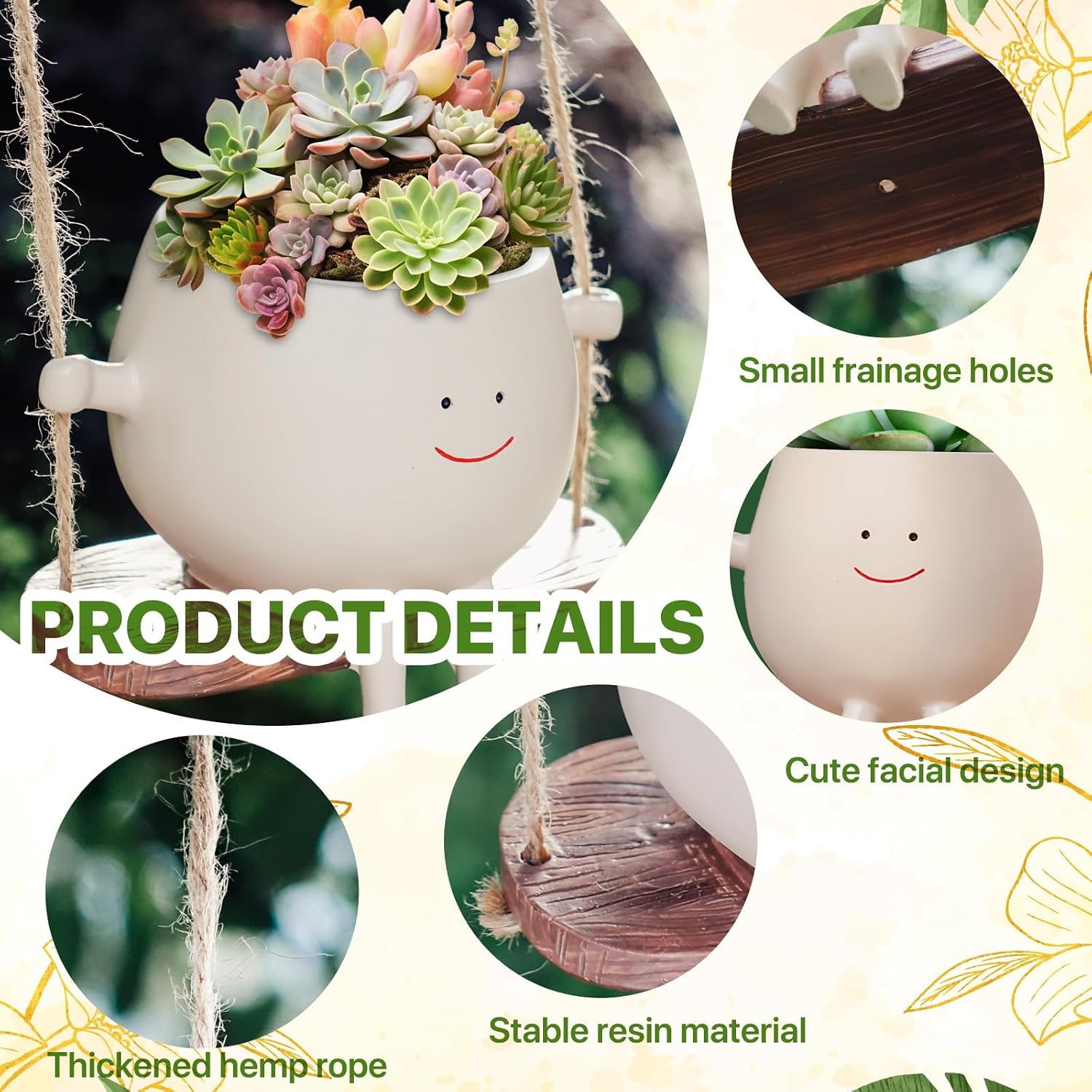 2 PCS Swinging Face Plant Pots 【Thicken Version】 Unique Cute Hanging Succulent Cactus Flower Head Resin Planters Pots