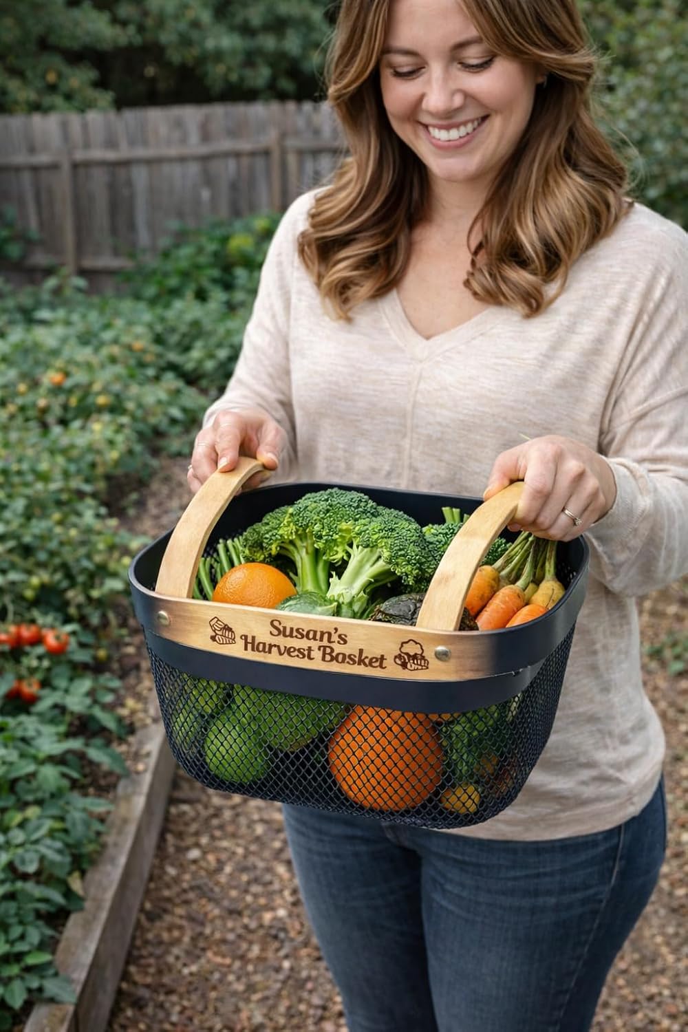 Harvest Basket Plastic Mesh Garden Hod with Personalized Bamboo Handle – Lightweight Vegetable Harvest Basket for