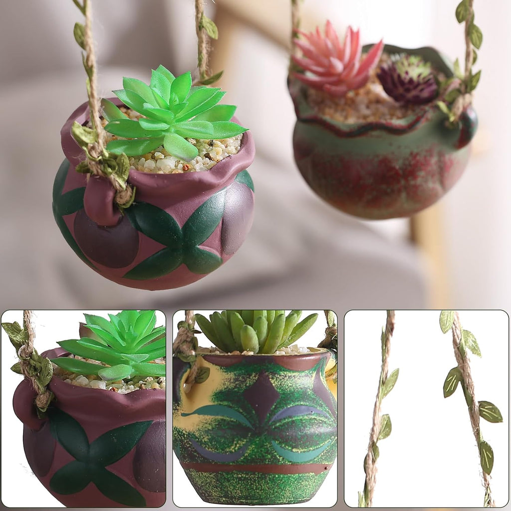 4 Piece Boho Ceramic Hanging Planters with Drainage Holes – Adorable Indoor Outdoor Succulent Flower Pots, Unique Home