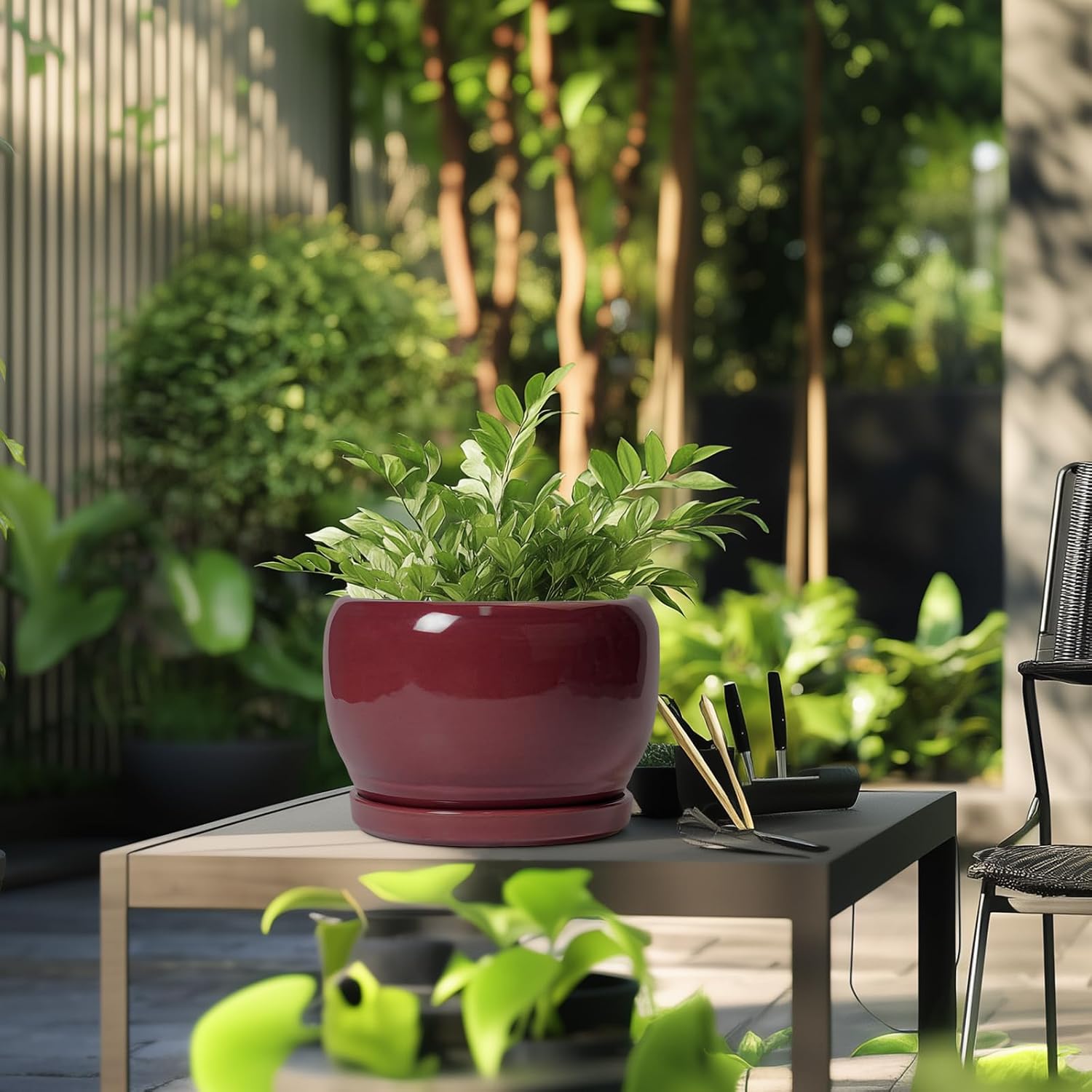 SQOWL Ceramic Pot for Plants - 10 Inch Indoor Planter with Drainage Hole and Saucer, Round Modern Planter Outdoor