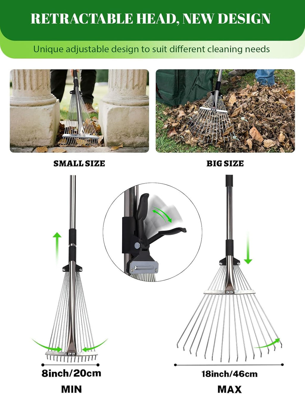 Adjustable Metal Leaf Rake Set Garden Rake for Leaves Long Handle 37"-63" Expandable Head Gardening Tools Set Includes