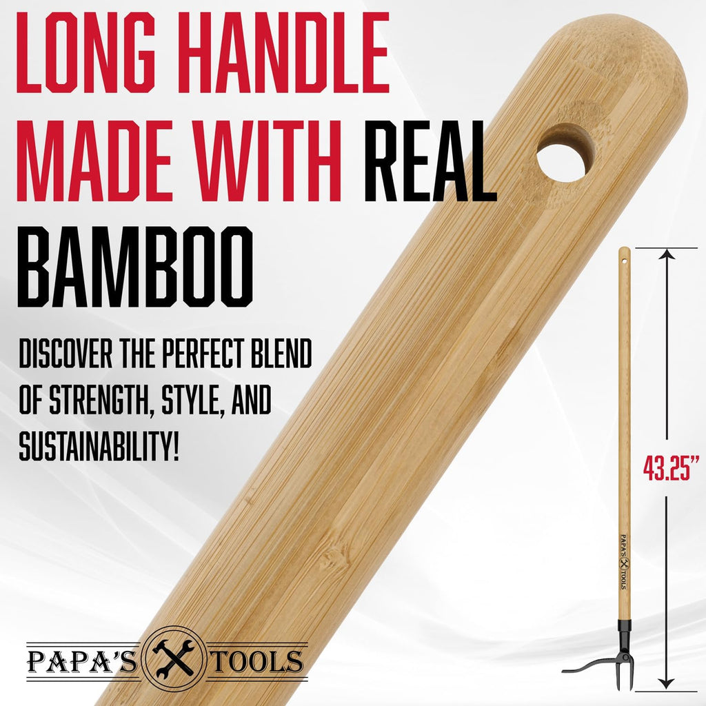 Papa's Tools One-Piece Weed Puller Tool - Stand Up Weeder, Heavy Duty Long Wooden Handle, Real Bamboo, 4-Claw Steel Head