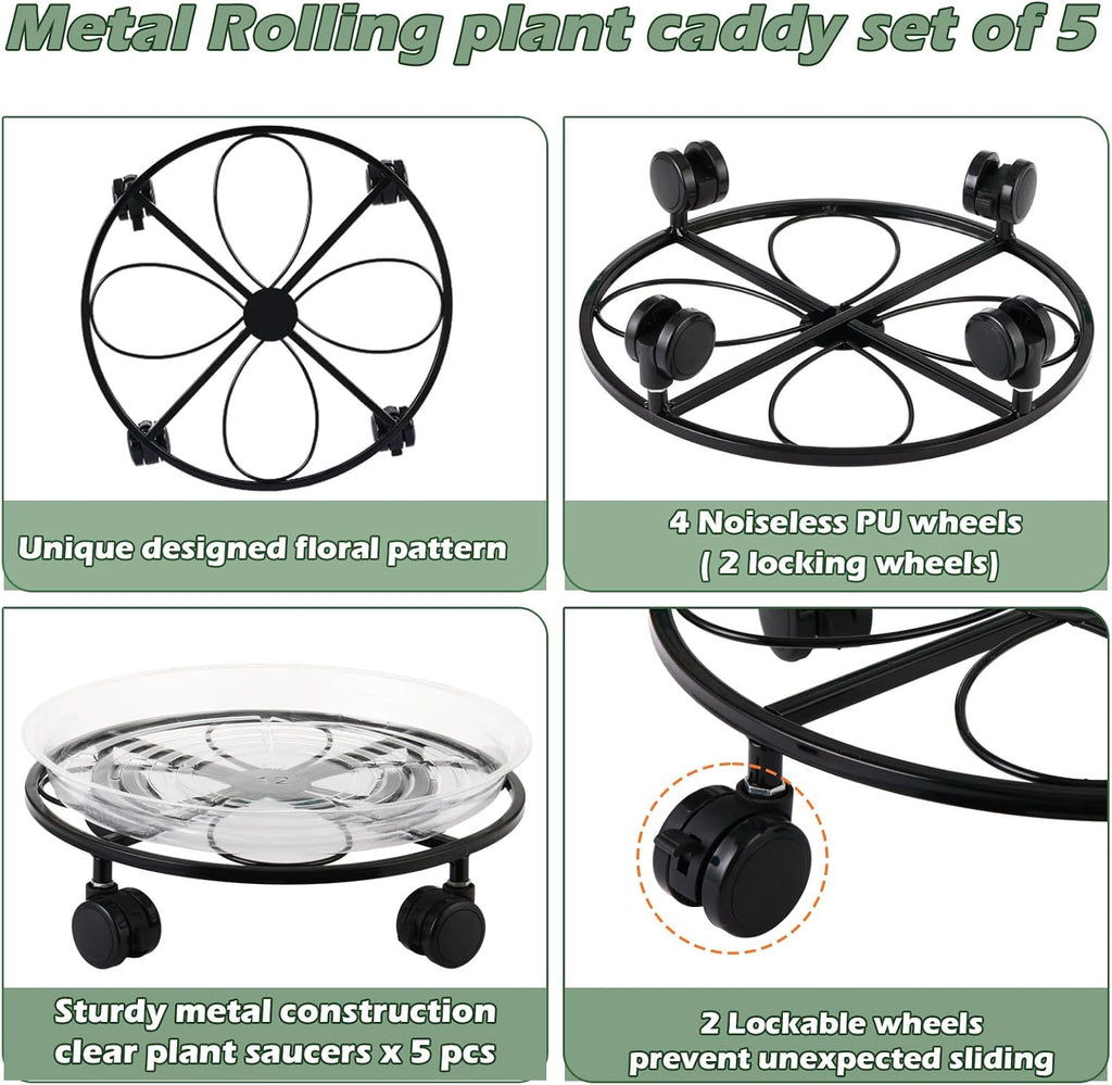 5 Packs 12 inches Large Metal Plant Caddy with Wheels Round Planter Dolly Pot Mover Rollers Wrought Iron Rolling Plant