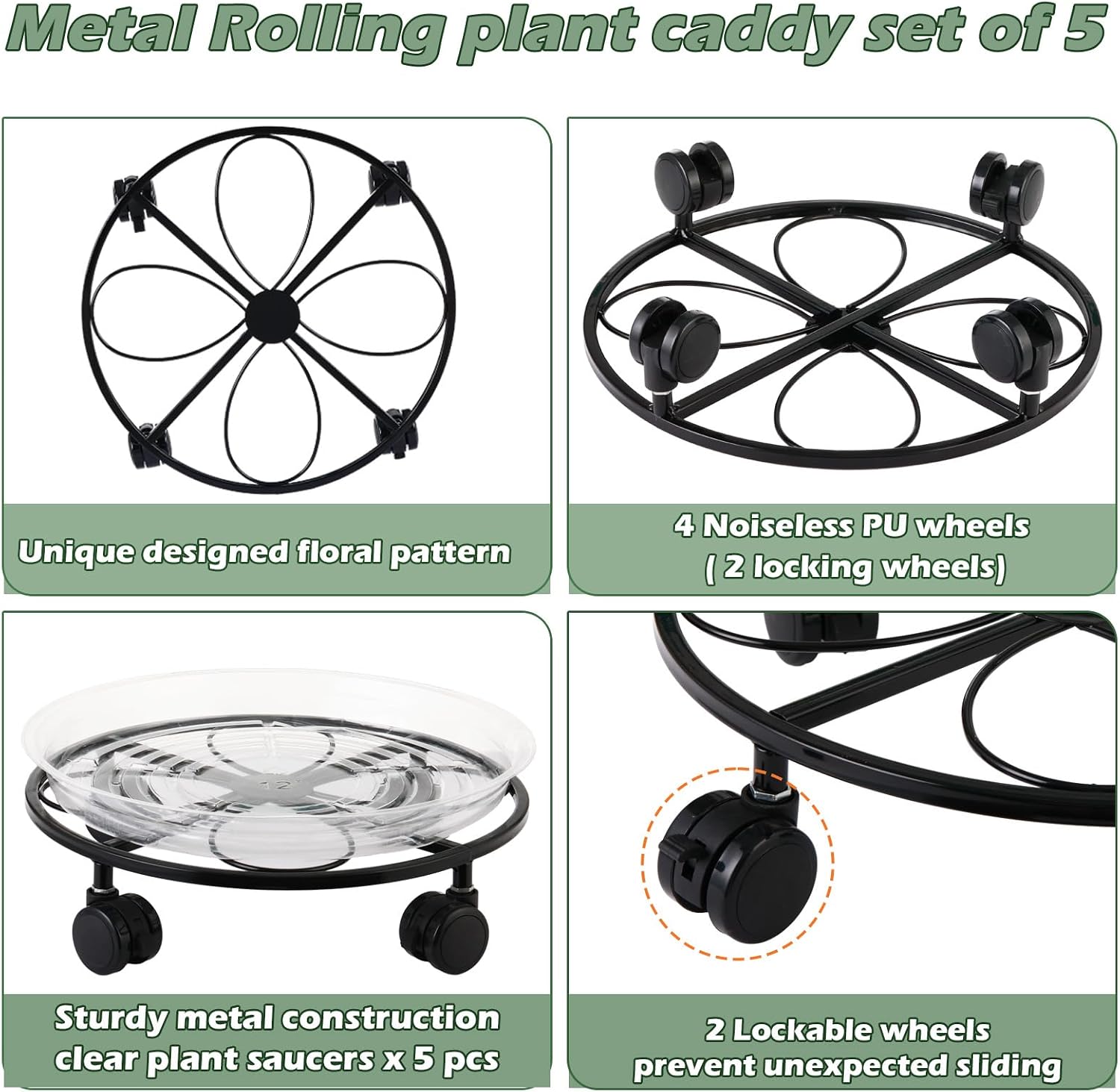 5 Packs 12 inches Large Metal Plant Caddy with Wheels Round Planter Dolly Pot Mover Rollers Wrought Iron Rolling Plant