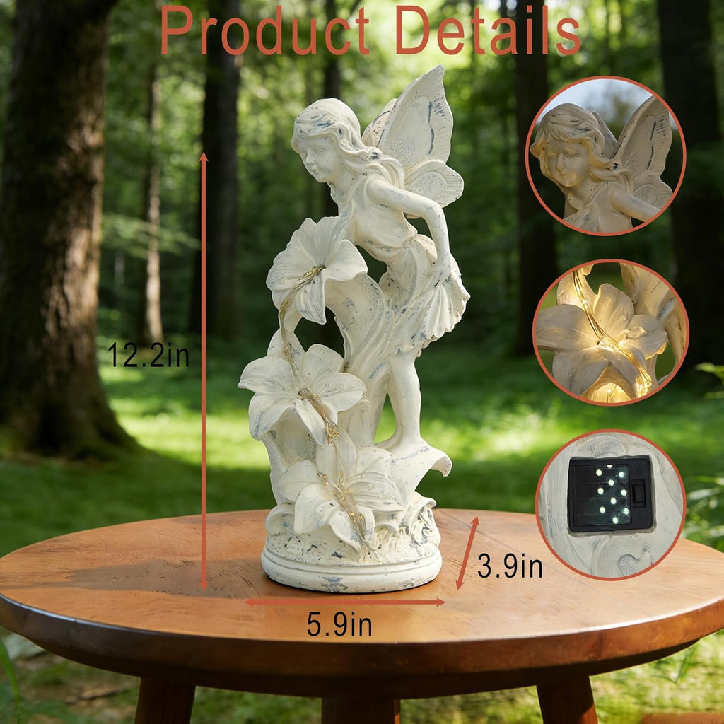 Angel Figurines Garden Statue with Solar Powered Light 12.2IN | Resin Angel Statue Decor for HOME Patio Lawn Yard