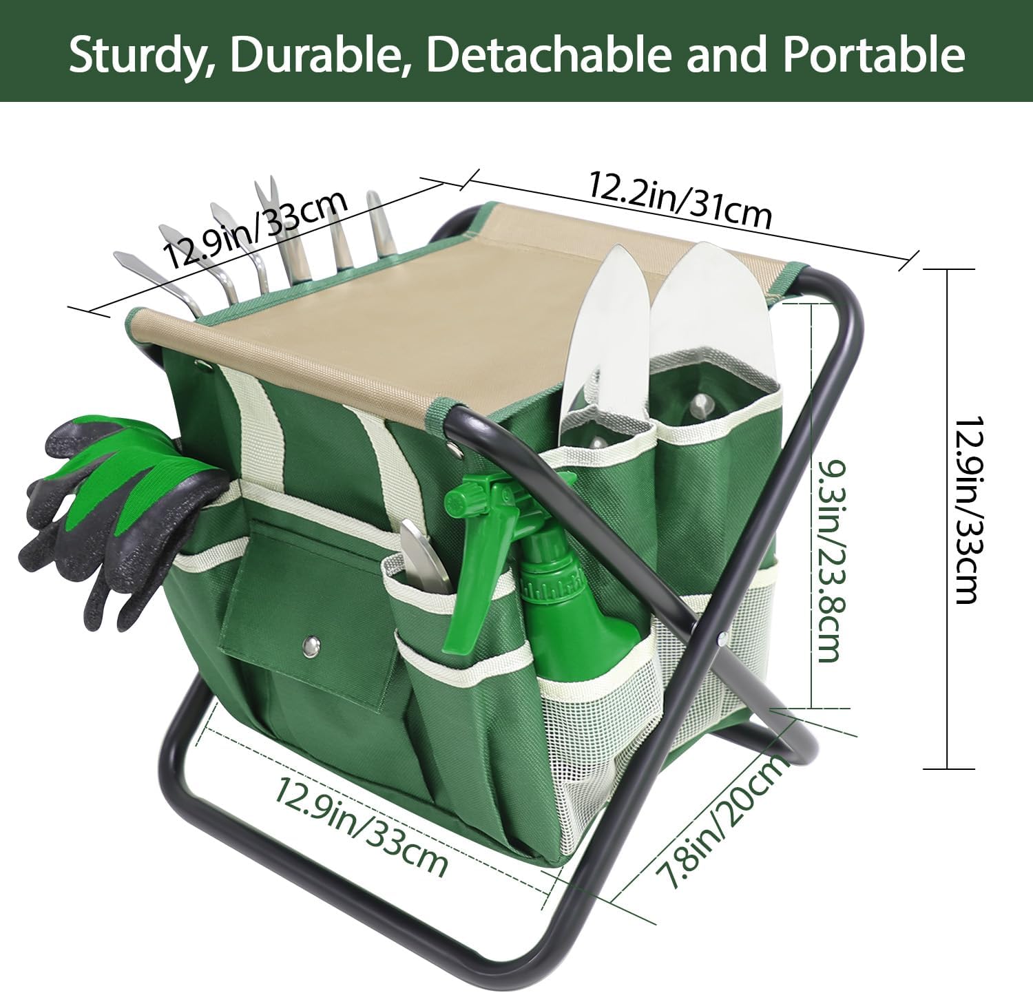 Garden Tool Set, 10 Piece Kit with Heavy Duty Folding Stool, Detachable Storage Tote Bag, Stainless Steel Tools, Gifts