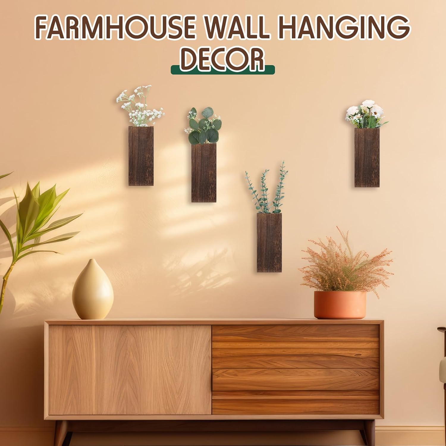 4 Pack Wood Wall Planter for Dried Flowers and Artificial Greenery Indoor Plants Holder, Wood Wall Decor Wooden Pocket