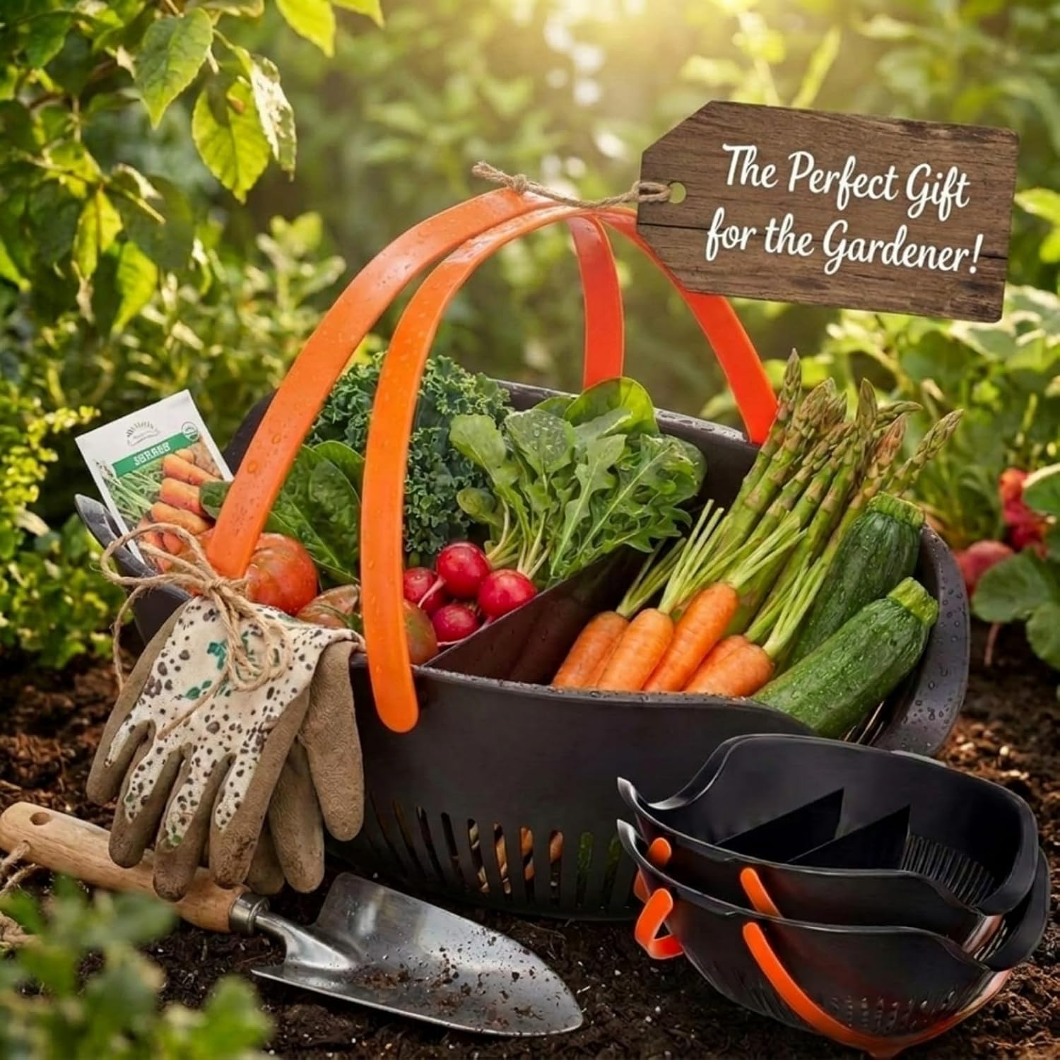 Nuogo 3 Pcs Garden Harvest Basket with Dividers Tool Caddy,Black | Removable Partitions, Doubles Colander for Veggies