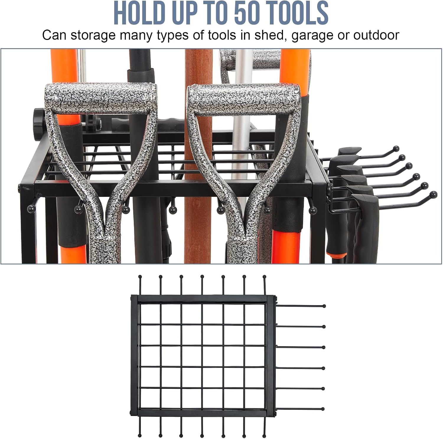 Garden Tool Organizer Holds 50 Long-Handled Tools/Rakes/Brooms/Shovles for Garage Organization and Storage, Shed