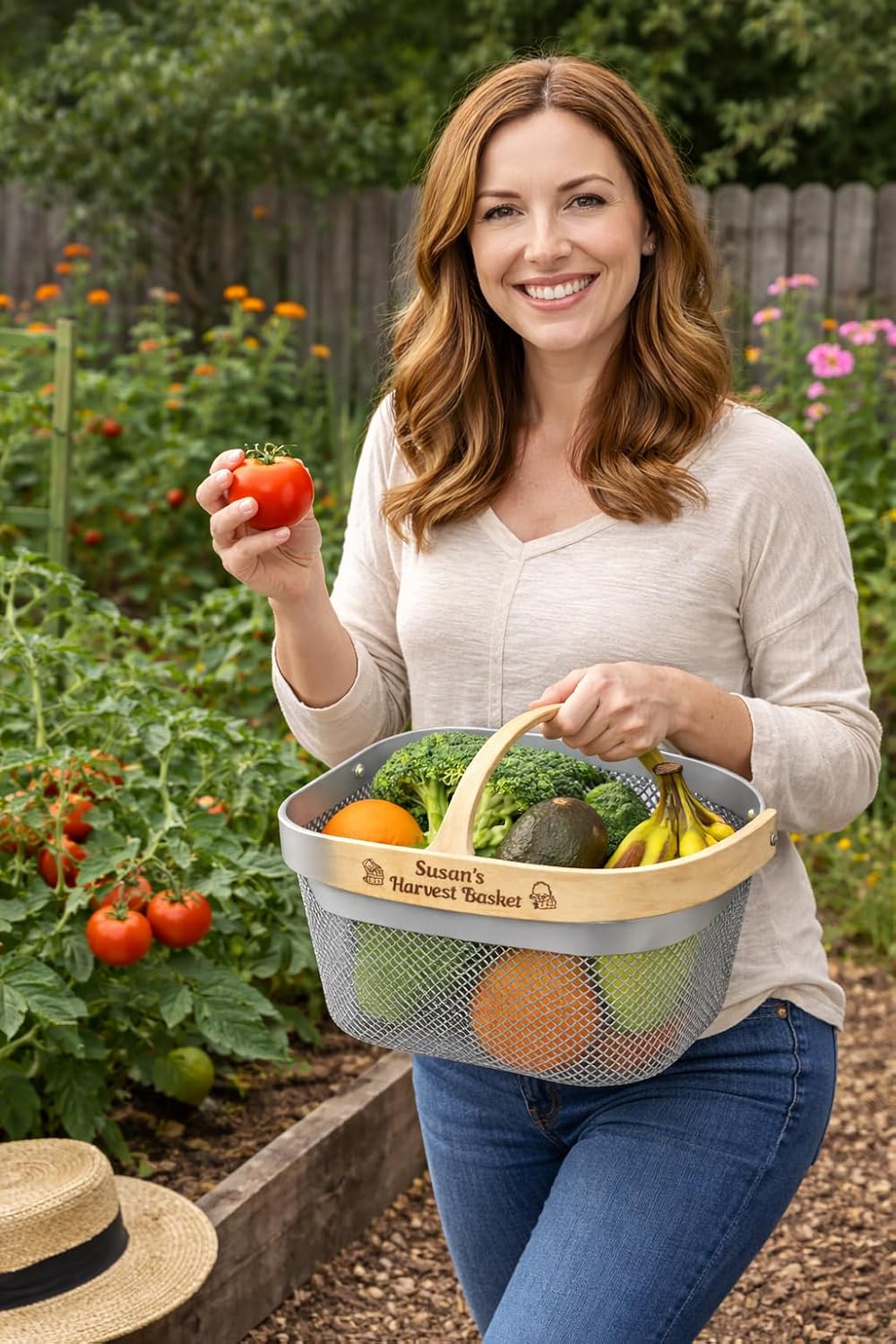 Personalized White Garden Harvest Basket with Engraved Bamboo Handle – Lightweight Metal Mesh Vegetable Basket for