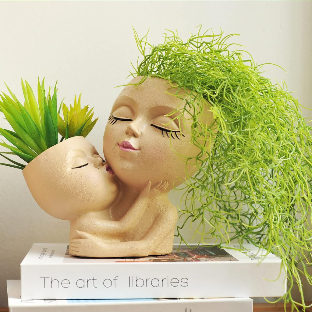 Head Planter Mother and Child Cute Face Planter Pots Head Resin Flower Pots for Indoor Plants with Drainage