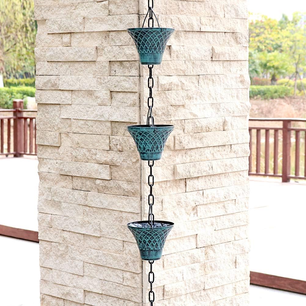 Rain Chains for Gutters Outside Downspouts Rain Catcher Diverter Metal Blue Plaid Outdoor Decorative, 8.5 FT
