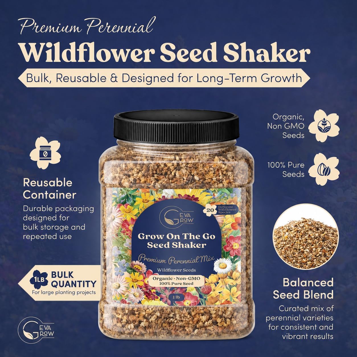 Bulk Wildflower Seed Shaker – Perennial Flower Seeds Mix to Plant Anywhere, by Geva Grow | 20 - Different Type