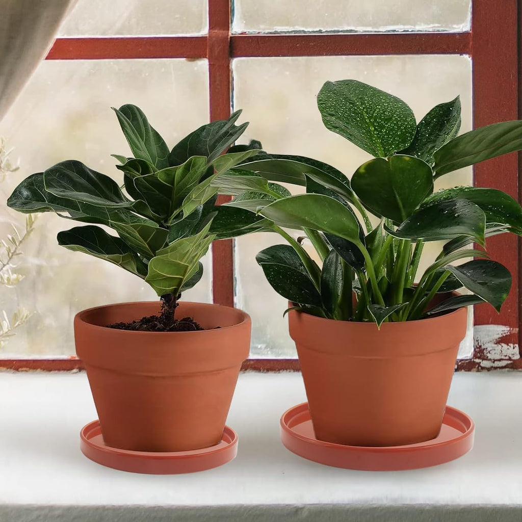 Yukfona Ceramic Plant Saucer Tray 2 Pcs 6.4 Inch Red Terracotta, 6.4"OD x6.02"ID x0.9"Deep| Fits flower pots Bottom≤